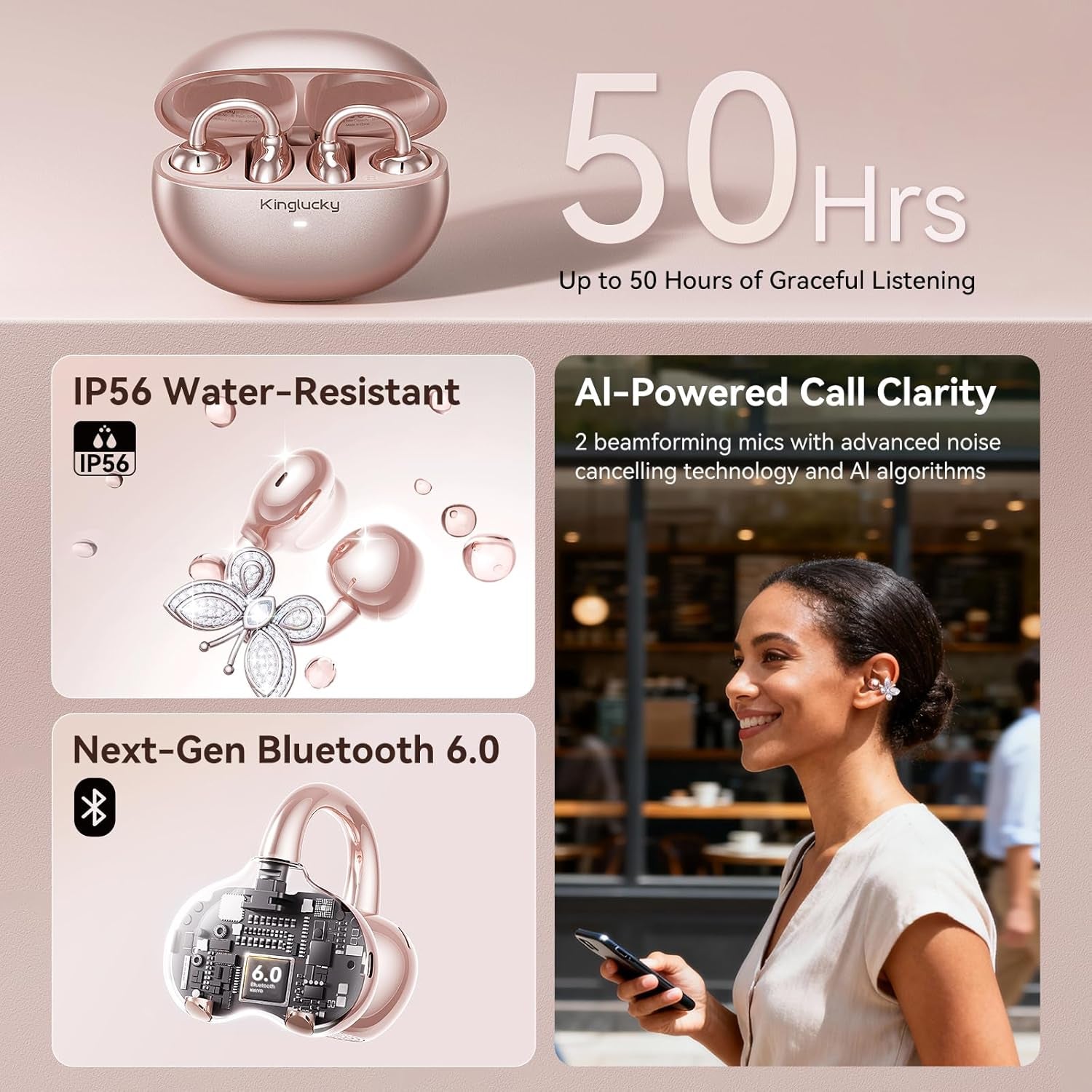 Clipfree Open-Ear Headphones with Butterfly Earrings, Ultra-Comfort & Snug Fit Clip on Earbuds, 50H Playtime Bluetooth 6.0 Wireless Headphones for Women Gifts, Sports & Workouts (Rose Gold)
