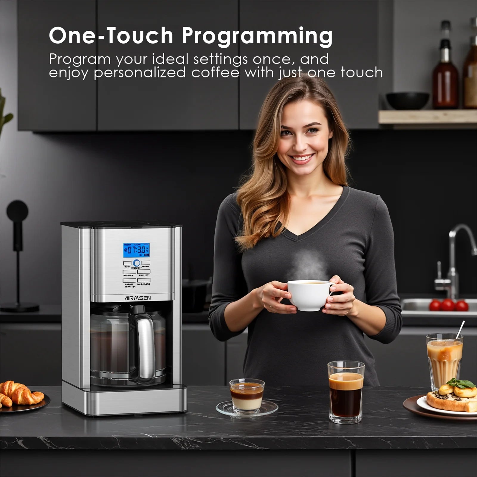 Stainless Steel 12 Cup Drip Coffee Maker, Programmable Coffee Machine Self-Cleaning