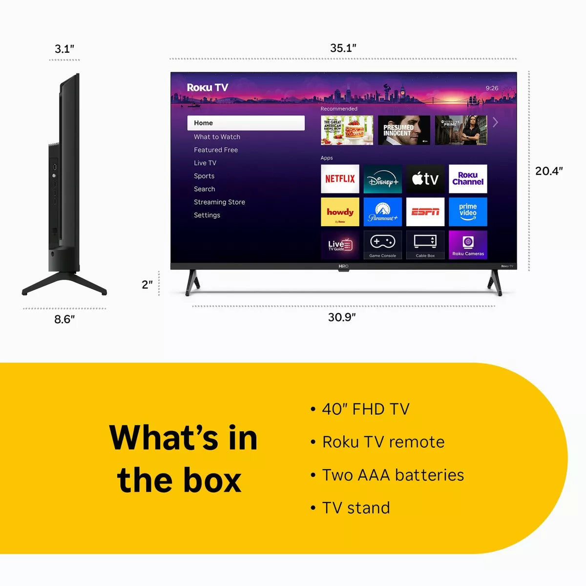 Hiro Roku TV 40" 1080P Full HD Smart TV Flat Screen LED Television with Roku TV and Dolby Audio for Streaming
