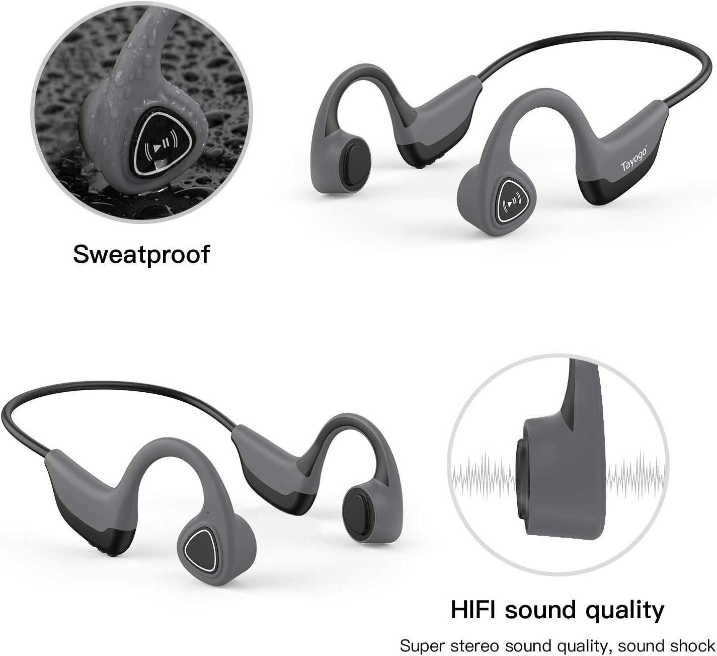 Bone Conduction Headphones, Wireless Bluetooth Bone Conducting Earbuds, Open Ear Headset with Mic, for Running, Cycling, Yoga (Gray)