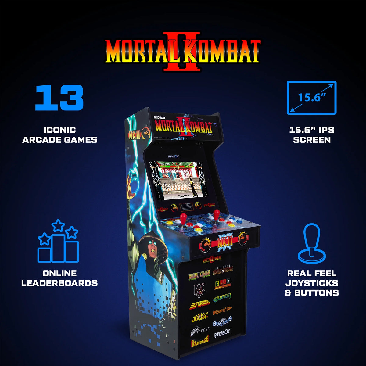 Mortal Kombat II Classic SE Arcade Machine – 4 - Foot Cabinet, 13 Classic Video Games, 15.6” IPS Display, Easy Assembly, Perfect for Home Gaming