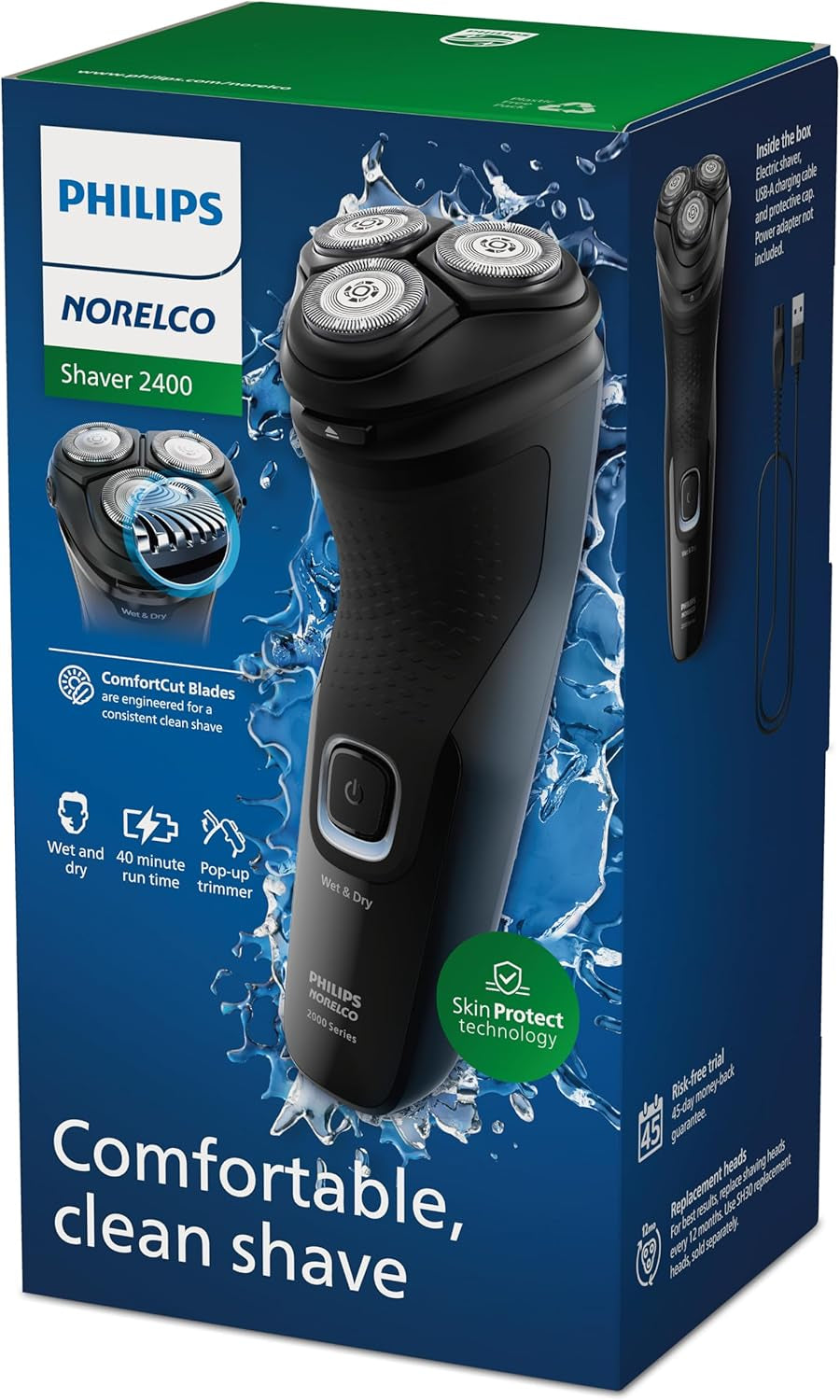 Shaver 2400 Series, Wet and Dry Electric Shaver, Pop-Up Trimmer, P-Cap, Deep Black, Model X3001/90