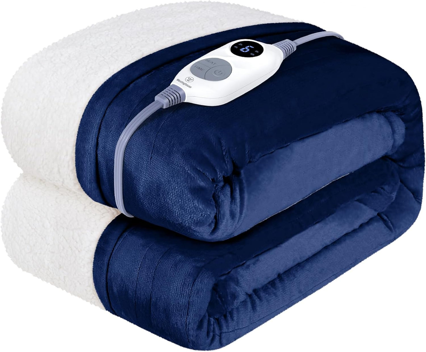 Electric Blanket Heated Throw | 6 Heating Levels & 4 Hours Auto off | Flannel to Sherpa Reversible 50X60 | Machine Washable, Navy Blue