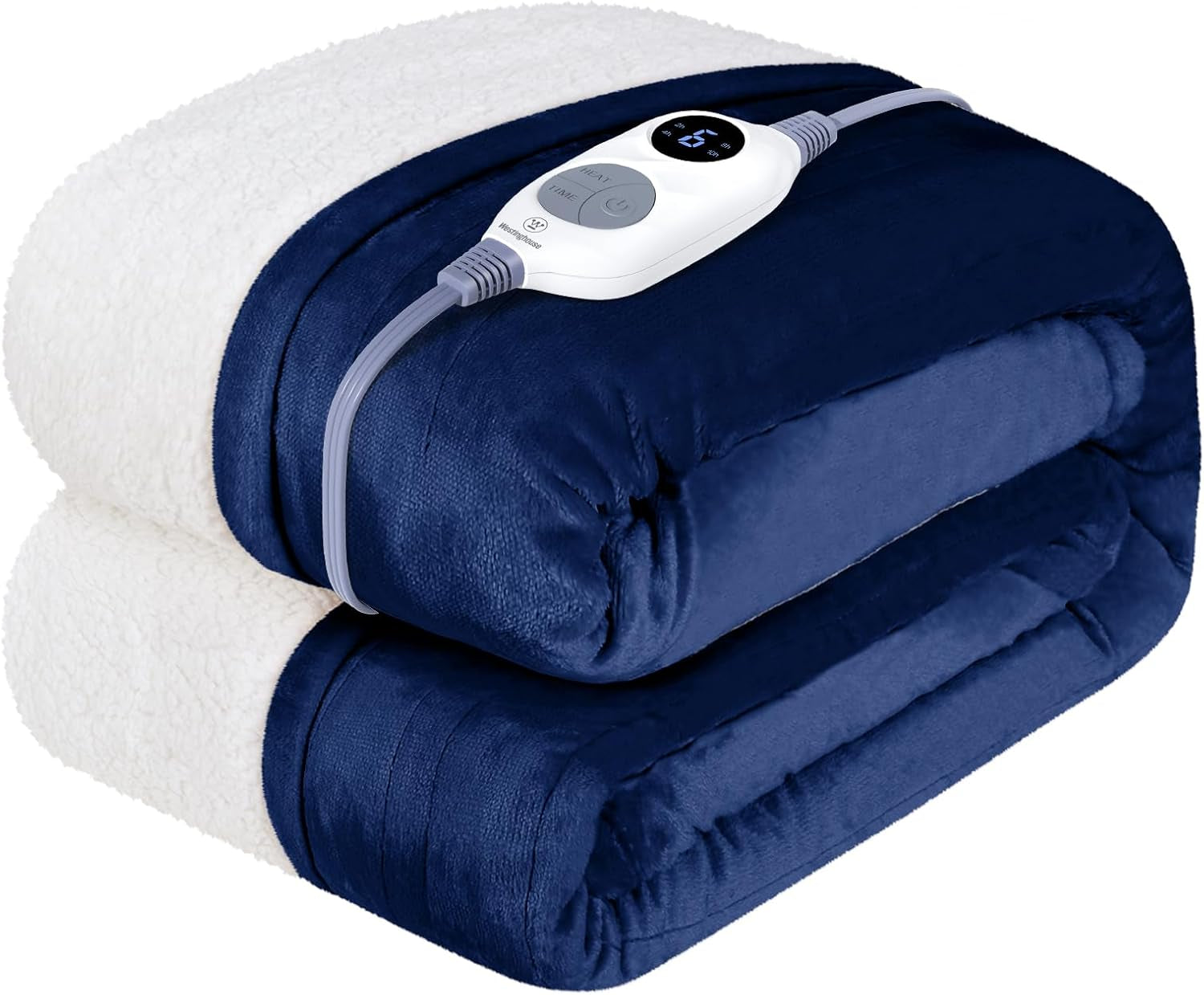 Electric Blanket Heated Throw | 6 Heating Levels & 4 Hours Auto off | Flannel to Sherpa Reversible 50X60 | Machine Washable, Navy Blue