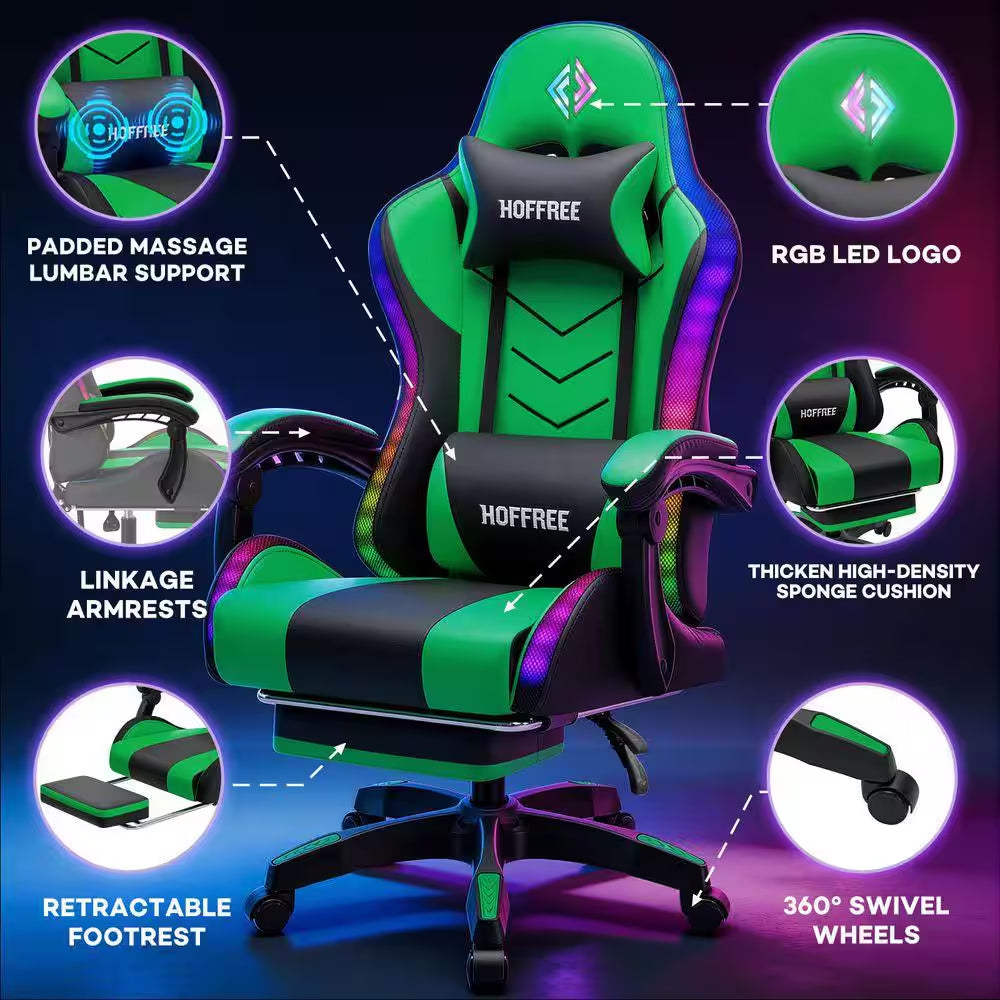 Faux Leather Gaming Chair with Speakers and Massage Ergonomic Music Rhythm LED Lights Game Chair in Green with Footrest