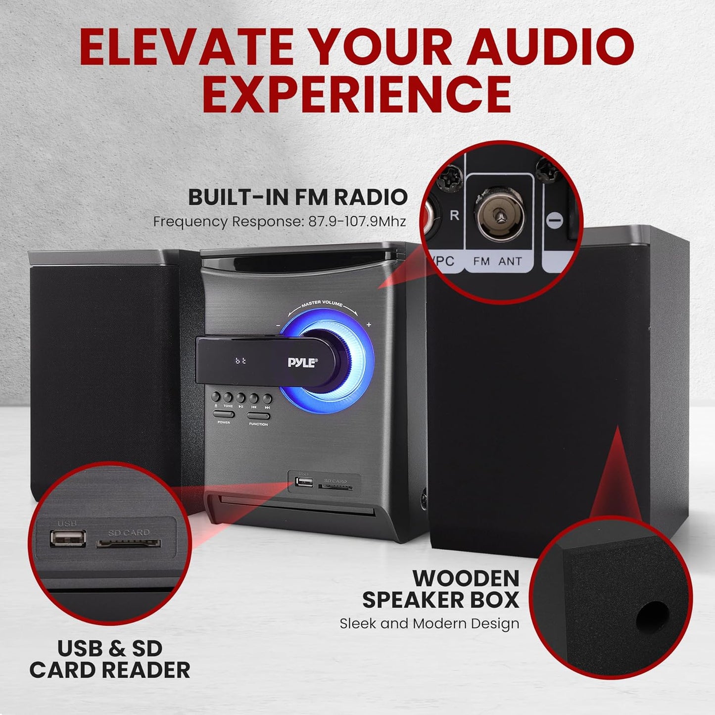 Home Stereo Shelf System – 30W Bluetooth CD Player with FM Radio, USB/SD Playback, Dual 2-Way Speakers, Remote Control, Clear Sound Audio System for Home Entertainment – (Black) PHSKR24