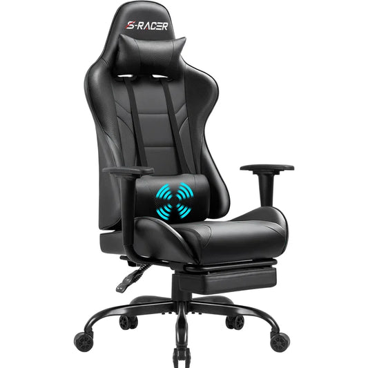 High-Back Massage Adjustable Reclining Ergonomic Faux Leather Swiveling PC & Racing Game Chair with Footrest