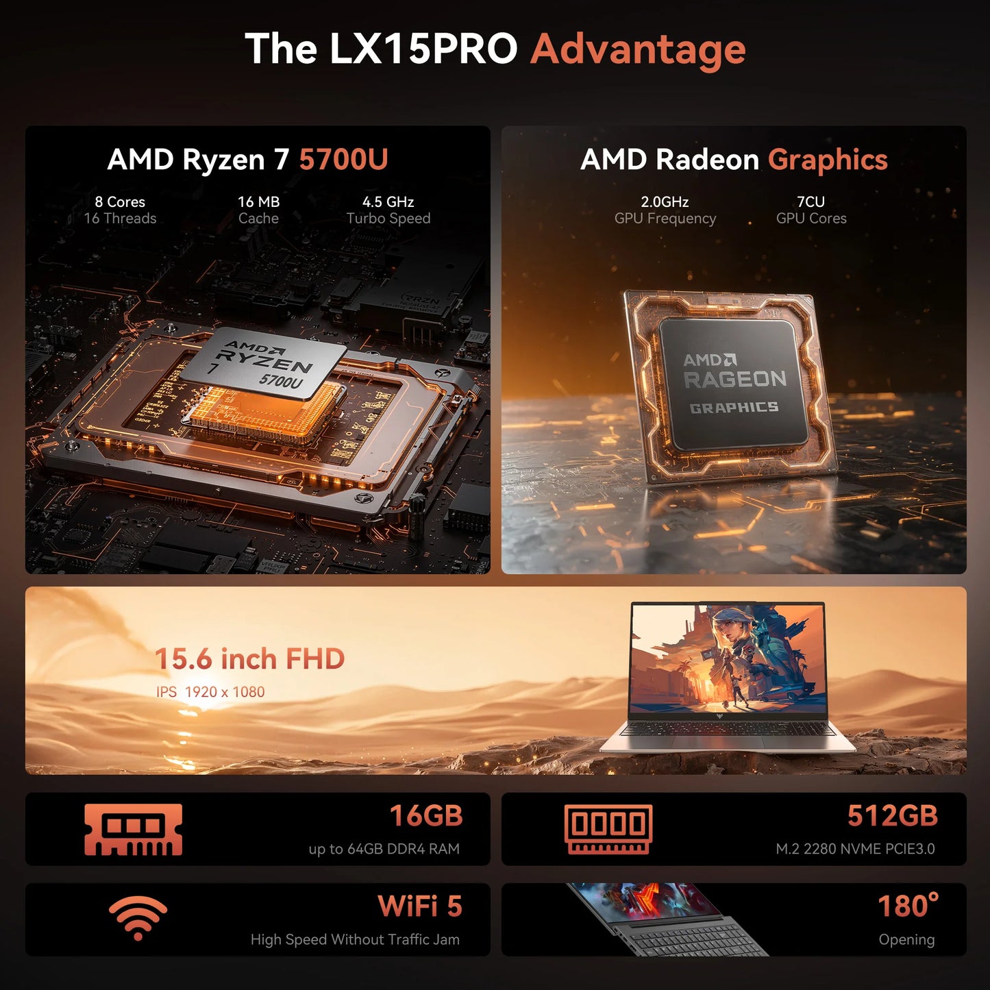 Laptop 15.6 FHD Gaming Laptop, AMD Ryzen 7 5700U, 16GB RAM, 512GB SSD, Windows 11 Pro, Graphite, Wifi 6, Backlit KB, Gray