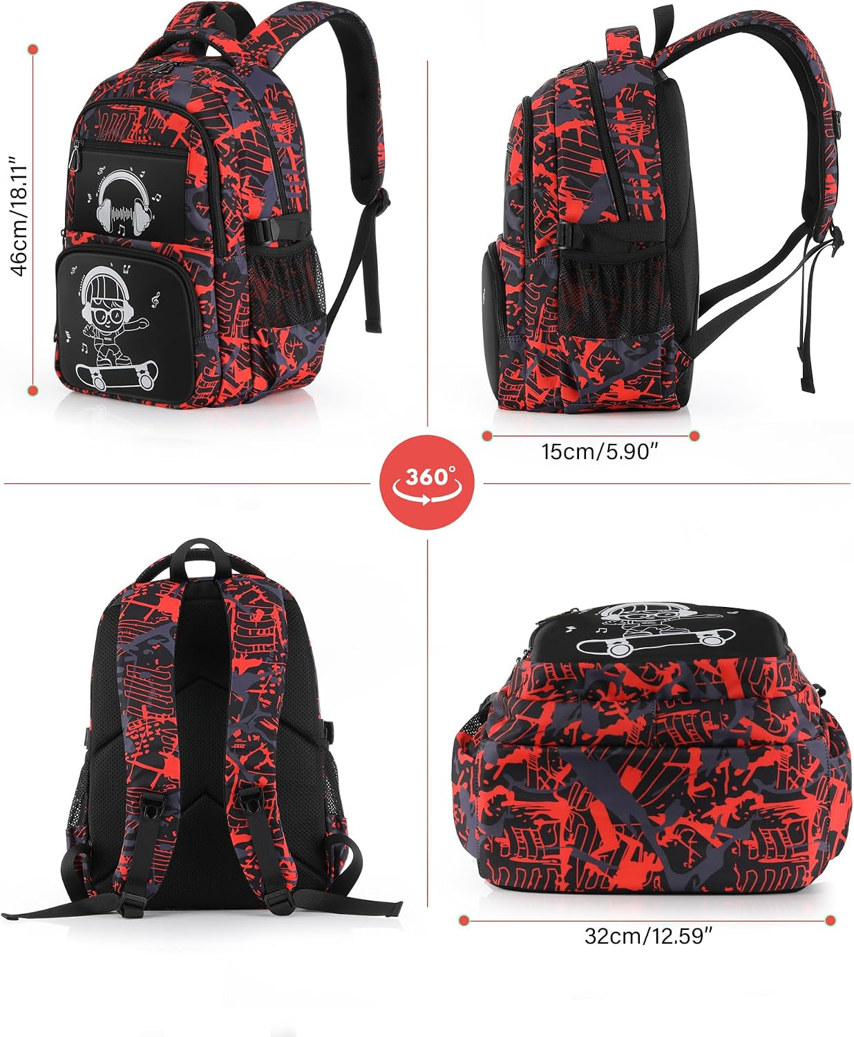 School Backpack for Boys Backpacks for Kids Camo Bookbag Teens Middle School Bags Waterproof Travel Backpack-Red