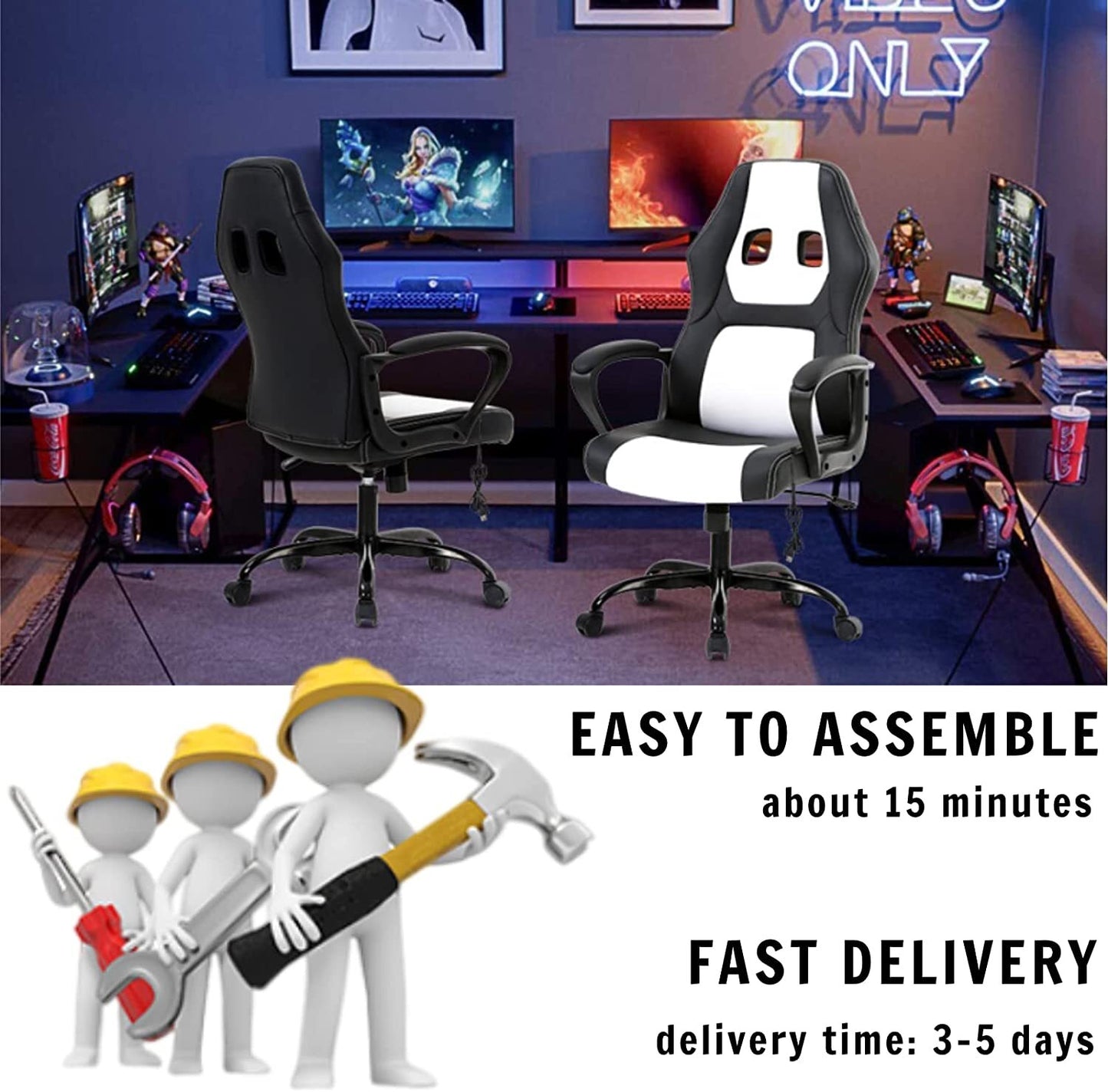 Massage Computer Gaming Chair Swivel Office Ergonomic Racing Chair Seat White