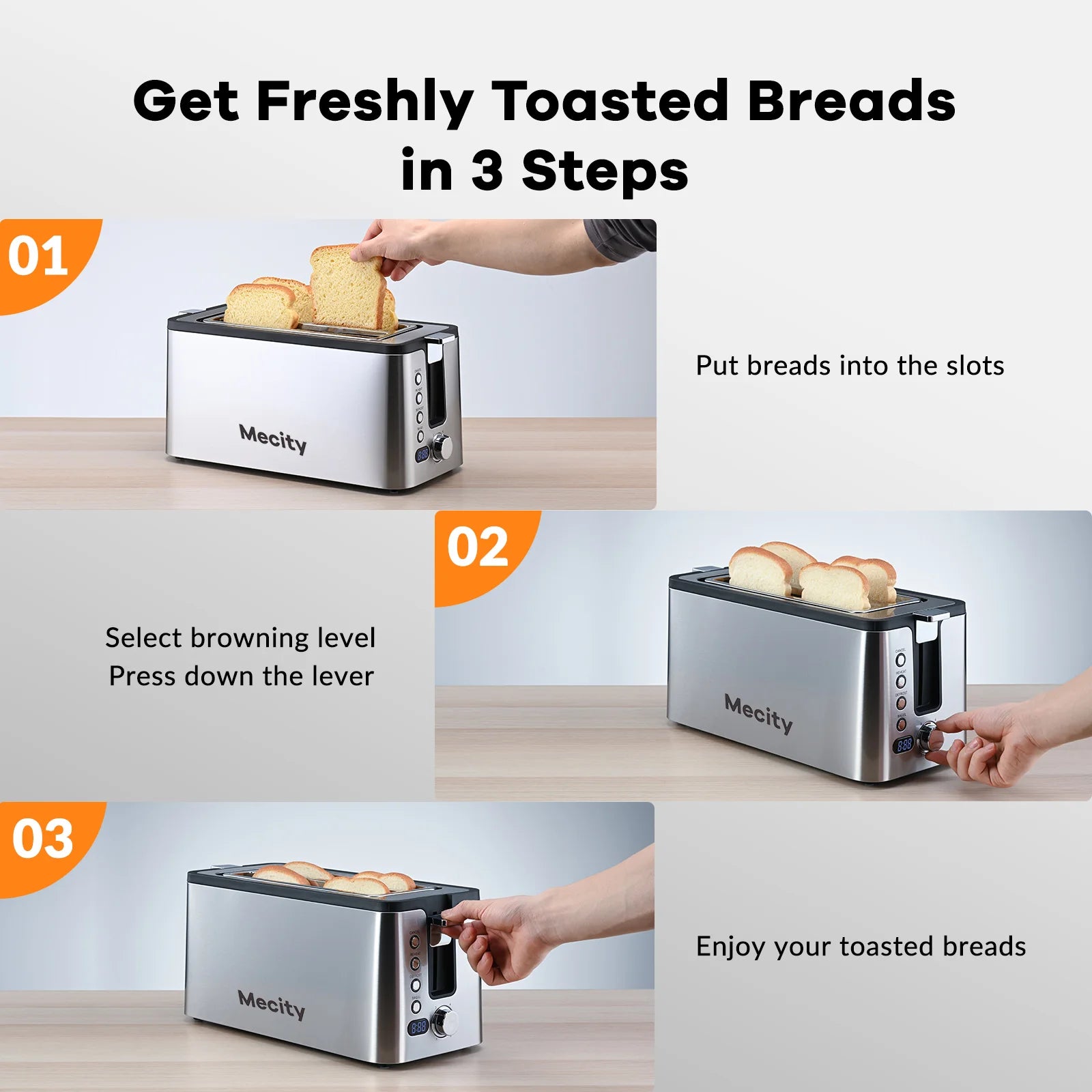4-Slice Stainless Steel Toaster with Digital Countdown Timer & Warming Rack, 1300W, Silver