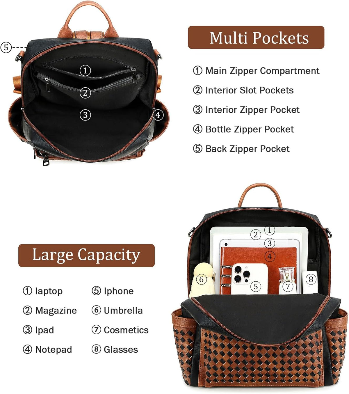 Leather Backpack Purse for Women Designer Ladies Shoulder Bag Fashion Faux Work Travel Handbags