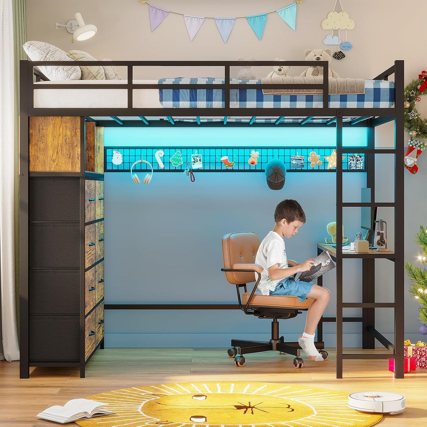 Twin Size Loft Bed with Desk and 8 Storage Drawers, Rustic Brown | LED Metal Kids Loft Bed with Charging Sation, Storage Shelves, 13.1" H Safety Guard & Ladder, No Box Spring Needed
