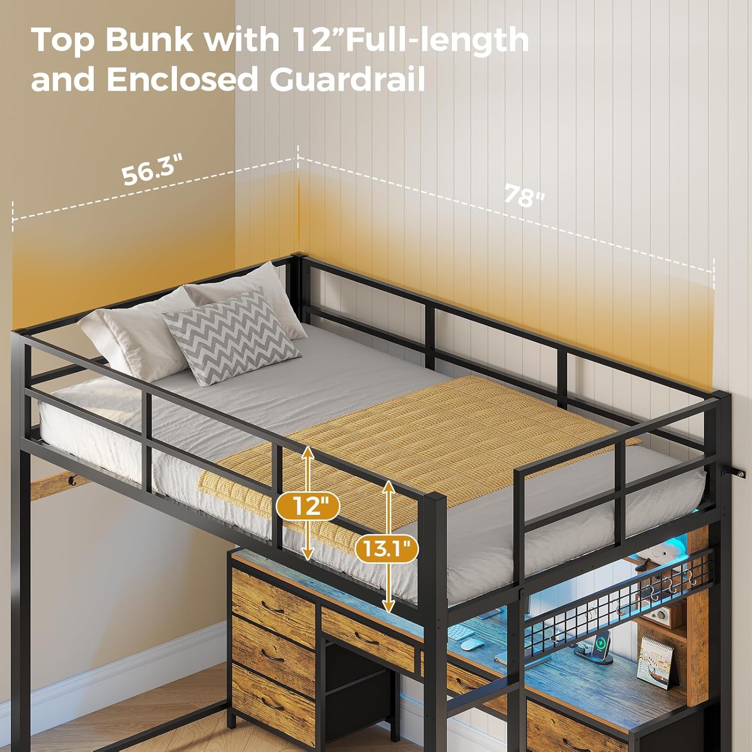 Full Size Loft Bed with Desk and 8 Storage Drawers for Teens,Rustic Brown | Metal Loft Beds with LED Lights & Charging Sation, Heavy Duty Bed Frame with 6 Storage Shelves, Space-Saving, Noise Free