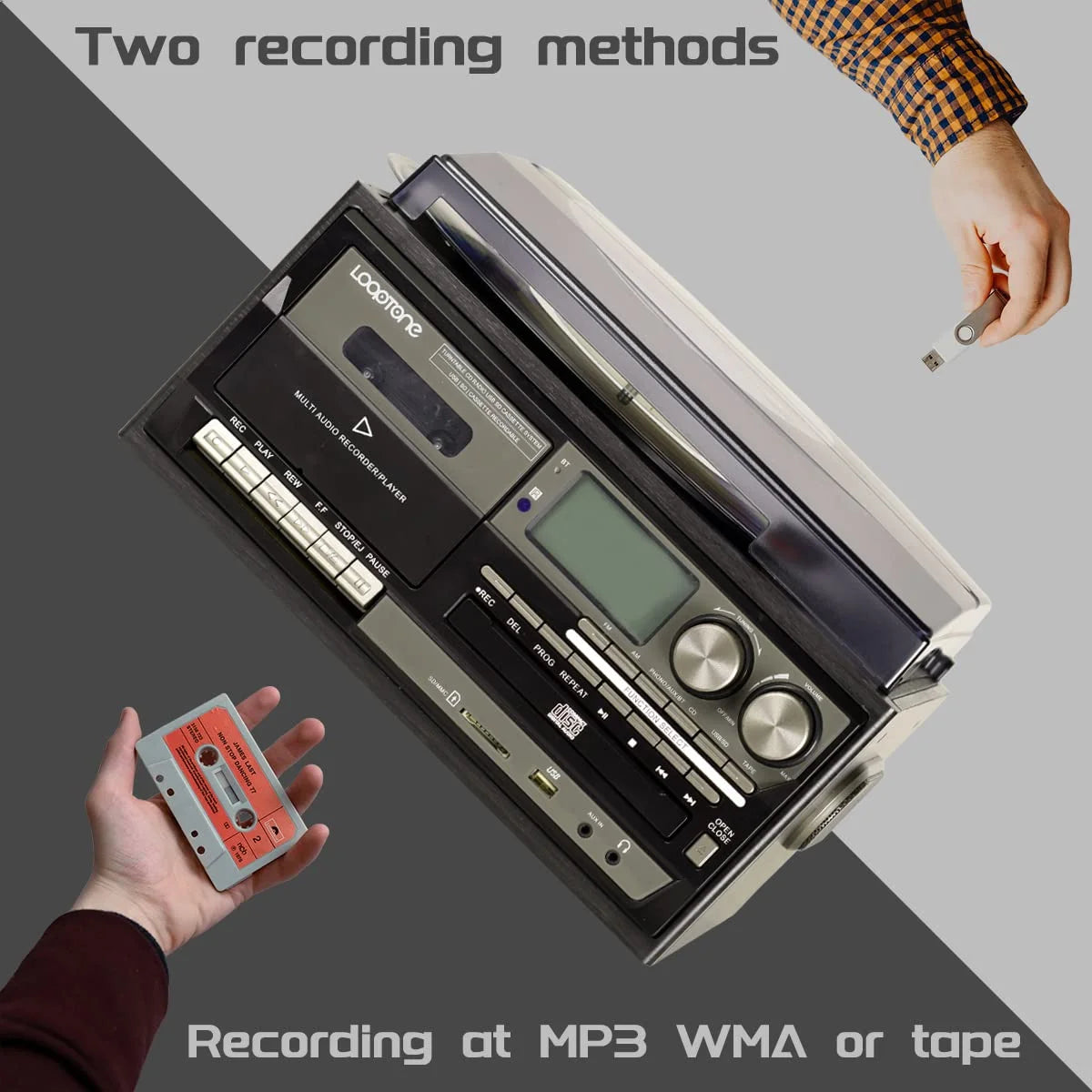 Vinyl Record Player Turntable with Bluetooth, CD, Tape, Radio, USB Recorder, Stereo Home System