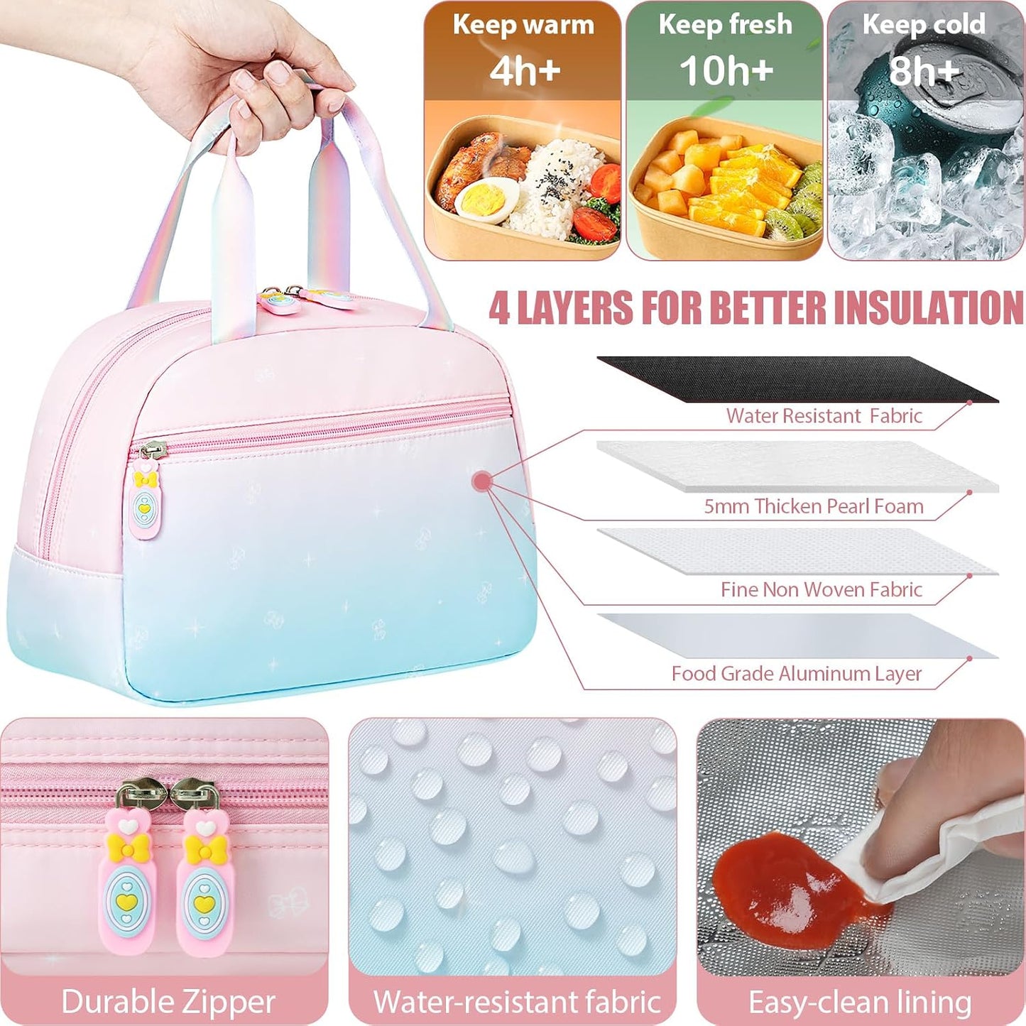 Backpack for Girls, 3 PCS Waterproof Kids Backpack with Lunch Box & Pencil Case, Gradient Backpacks for Teen Girl Kindergarten Elementary Middle High School Student Back to School Bookbag Set