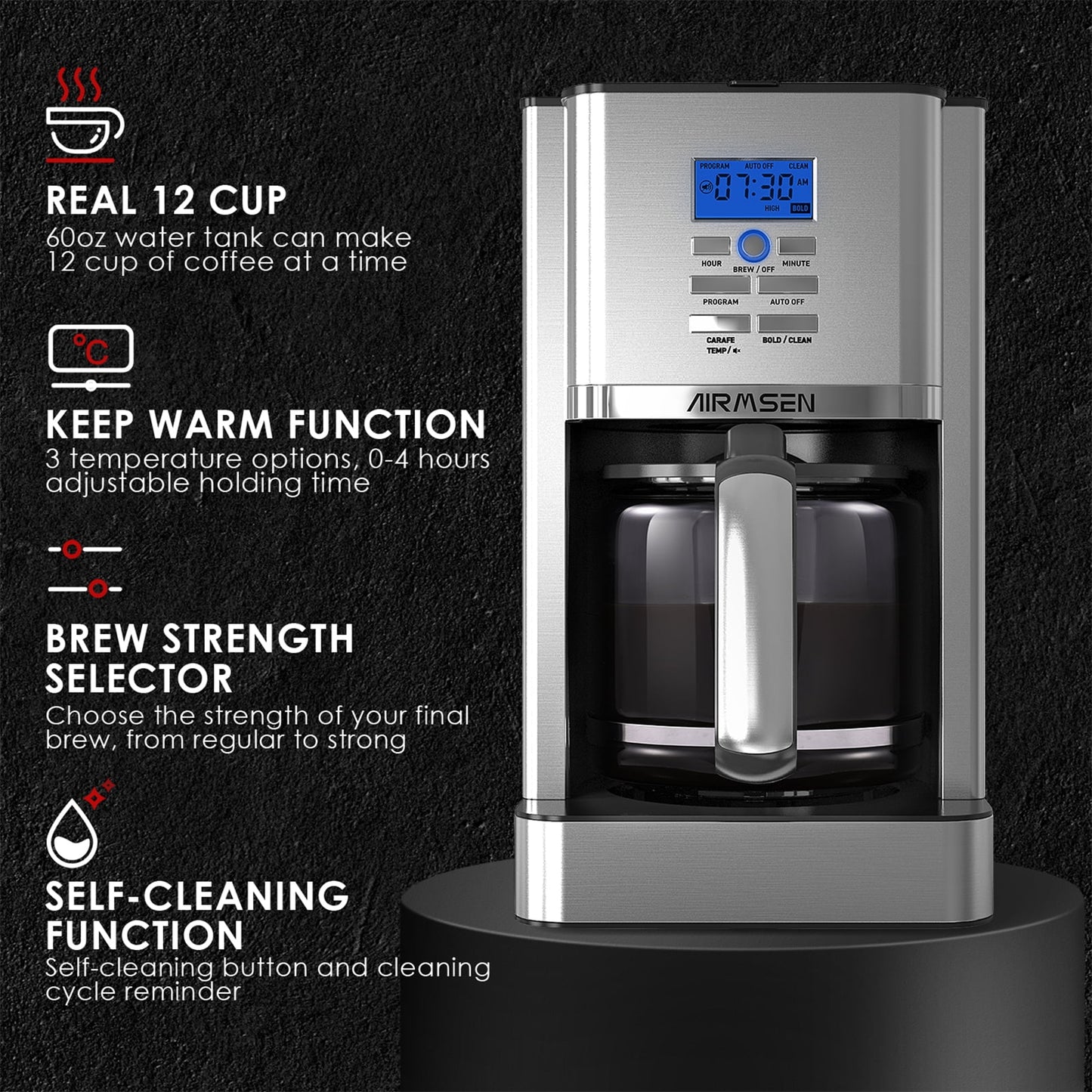 Stainless Steel 12 Cup Drip Coffee Maker, Programmable Coffee Machine Self-Cleaning