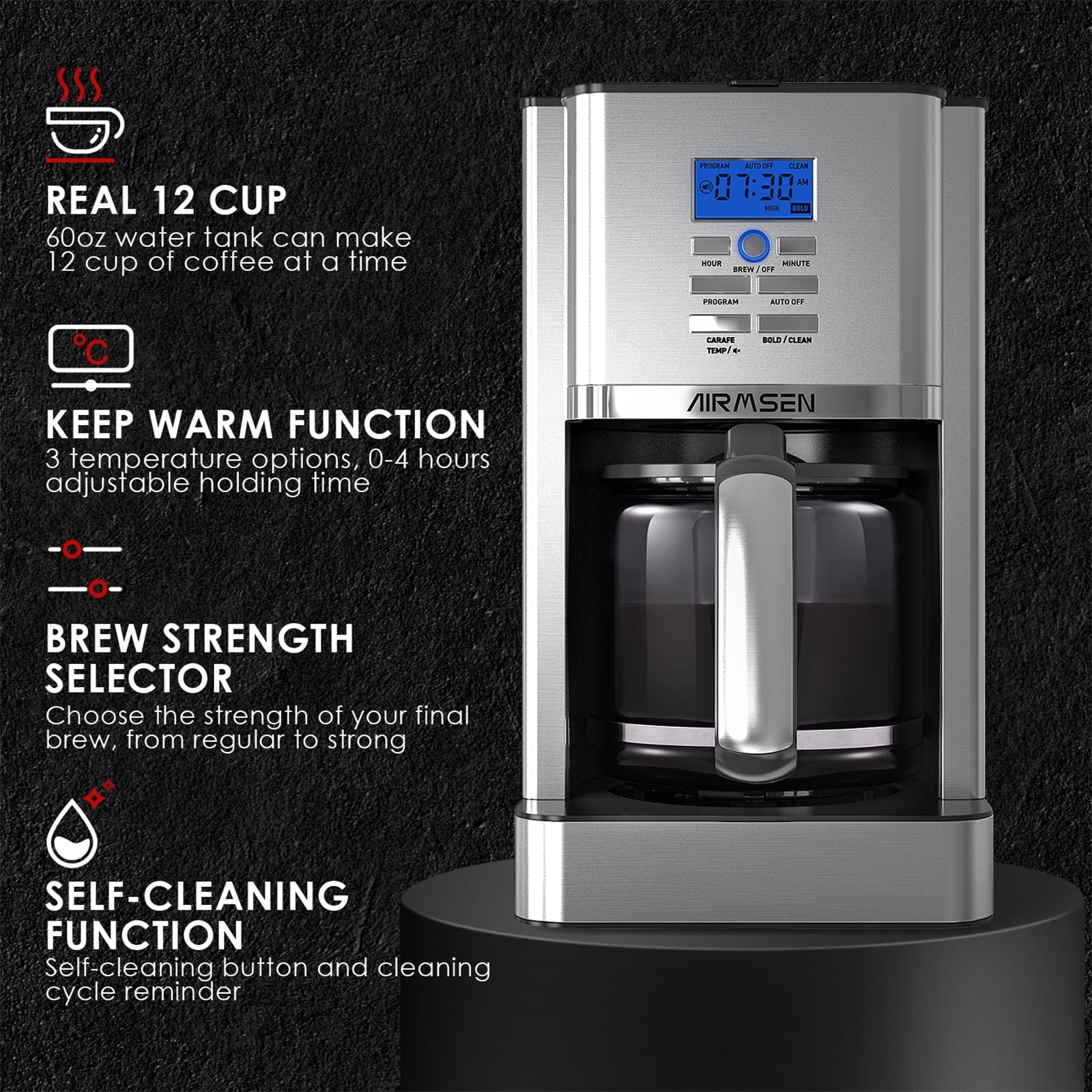 Stainless Steel 12 Cup Drip Coffee Maker, Programmable Coffee Machine Self-Cleaning