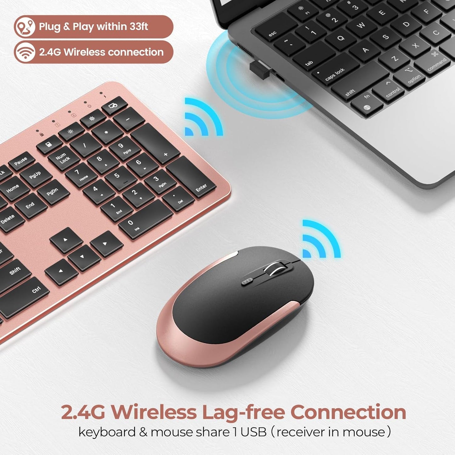 Wireless Keyboard and Mouse Combo, Rechargeable Quiet Keyboard Mouse, Sleek and Ultra Thin Design, Full-Size with Number Pad for Windows, Laptop, PC, Notebook, Desktop (Rose Gold & Black)