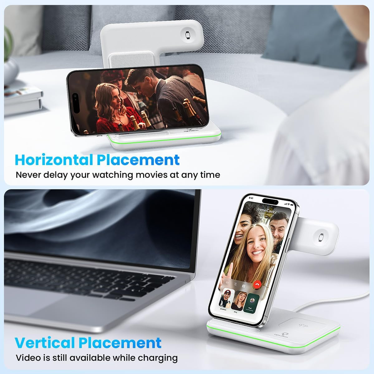 Wireless Charger 3 in 1, 15W Fast Charging Station for Apple Watch 10/9/8/Ultra 2/Ultra/Se/7/6/5/4/3/2, for Airpods 4/3/2/Pro for Iphone 16/15/14/13 /Plus/Pro/Pro Max/12/11(White)