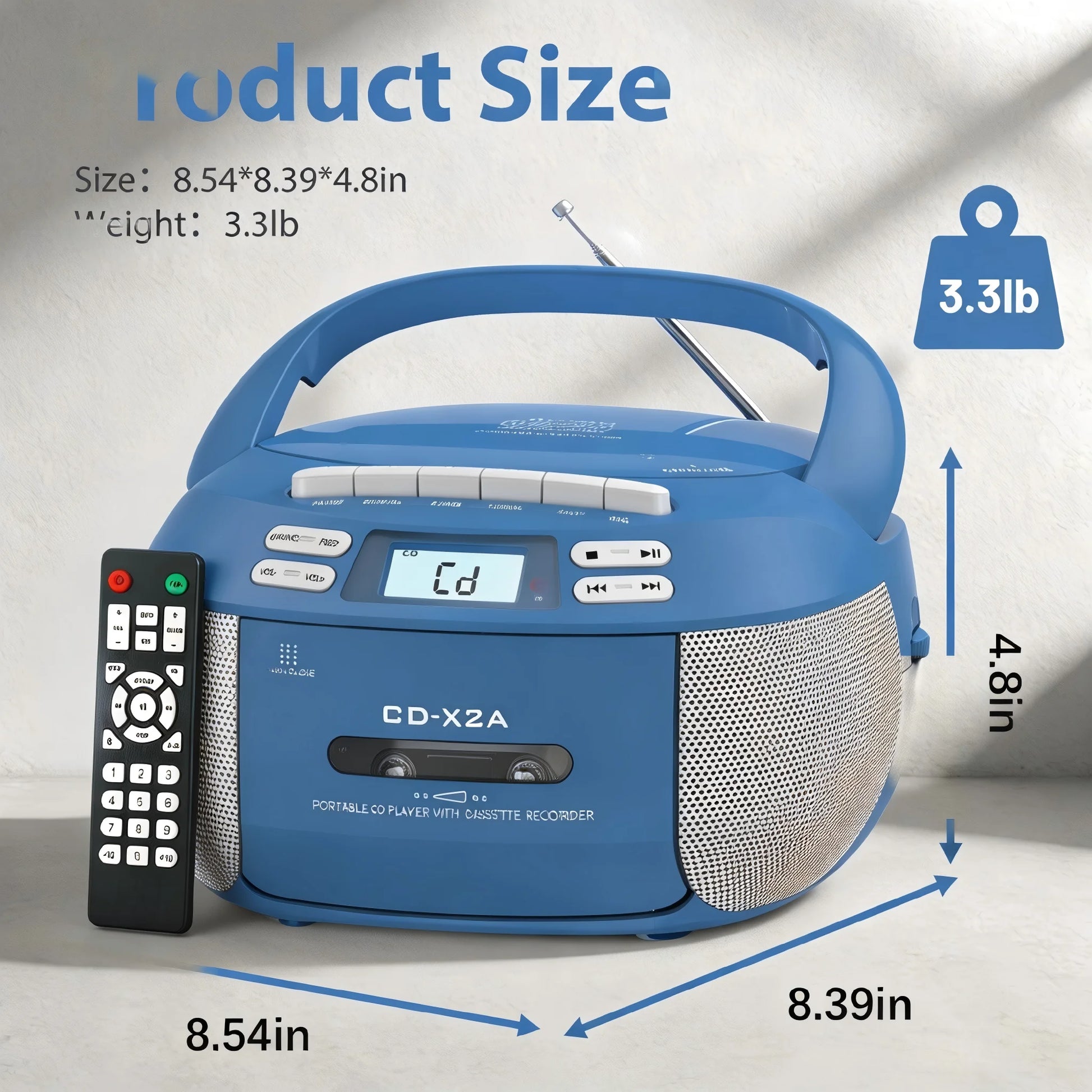 CD Player Combo with Bluetooth, Boombox Cassette Portable CD Players, Support AM FM Radio/Remote Control/Aux/Usb/Earphone, Ac/Battery Operated, LCD Display for Home,Kids,Gift (Blue)