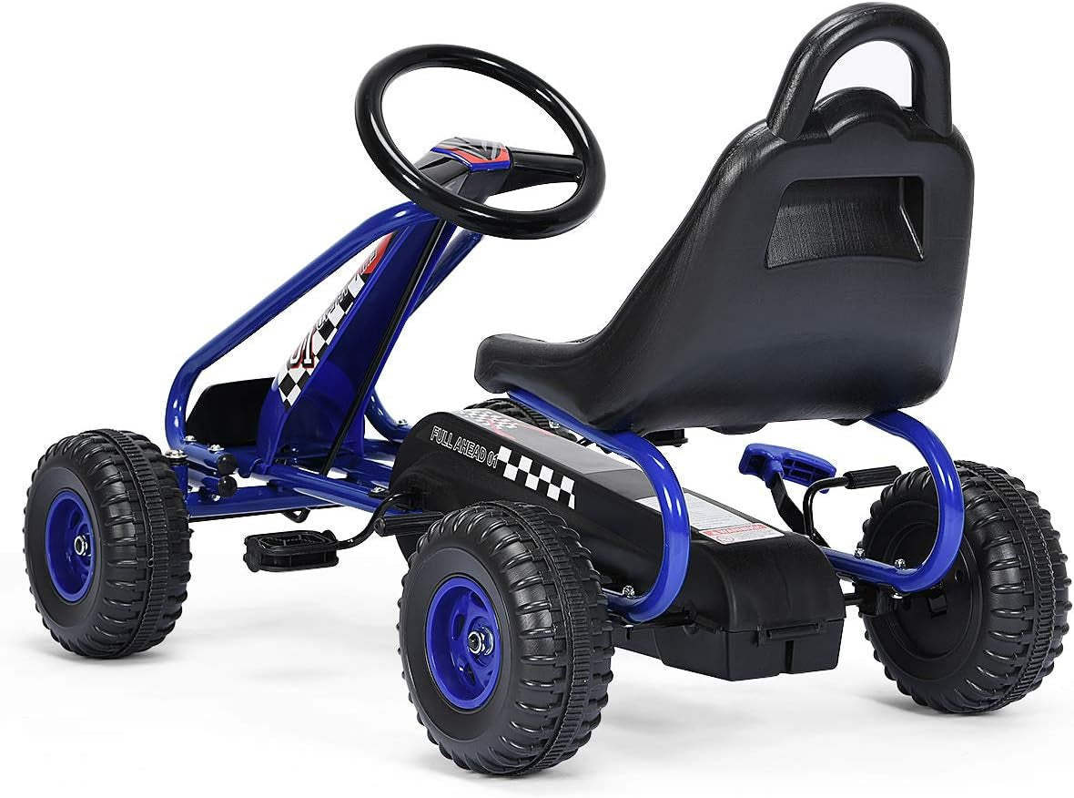 Go Kart for Kids, 4 Wheel Pedal Powered Go Cart with Steering Wheels & Adjustable Seat, Safety Hand Brake, Non-Slip Tires, Outdoor Off-Road Racer Ride on Pedal Car for Boy Girl (Blue)