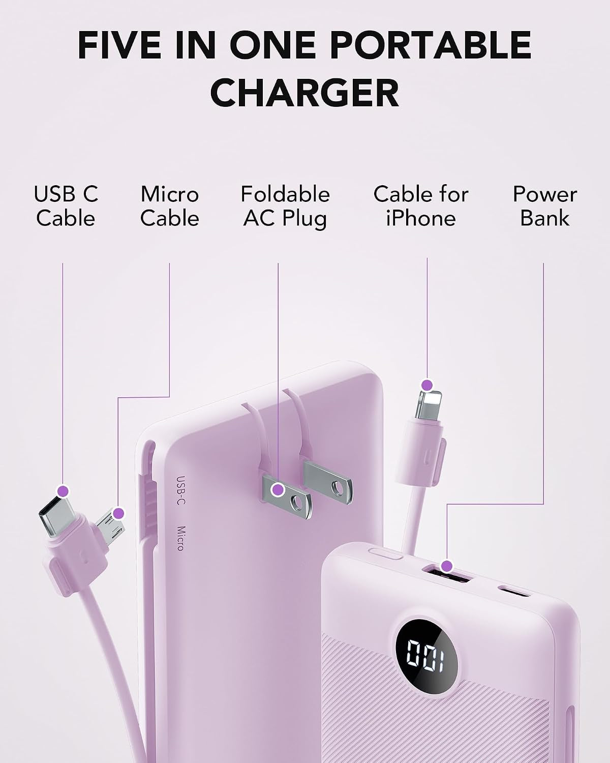 Portable Charger, Power Bank Built-In Cables and AC Wall Plug
