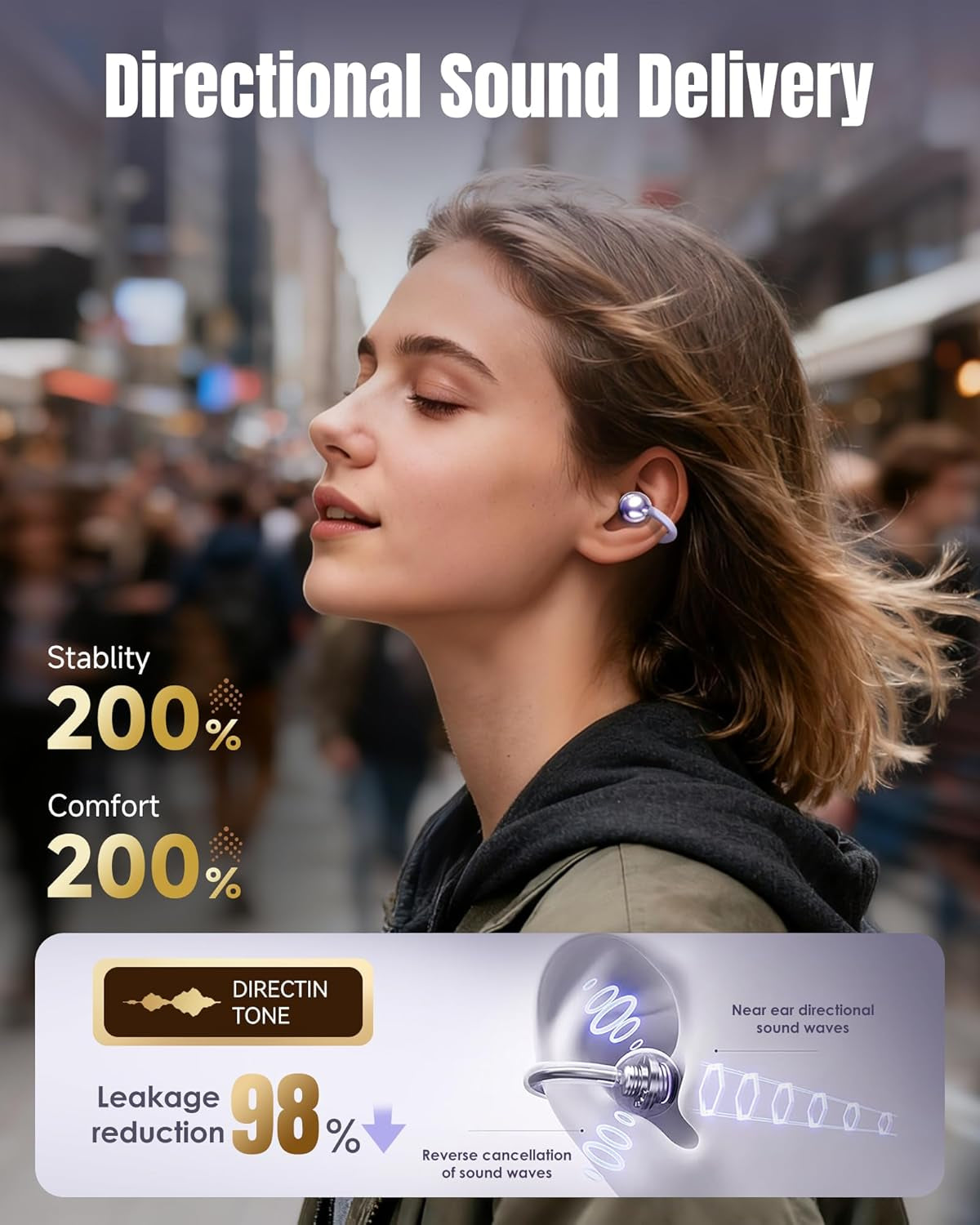 Clip-On Earbuds Gen 3, Open-Ear Wireless Bluetooth 6.0 Headphones with Mic, Secure Fit for Small Ears & Glasses Wearers, 50H Playtime, LED Digital Display, ENC, IPX5 Waterproof (Purple)