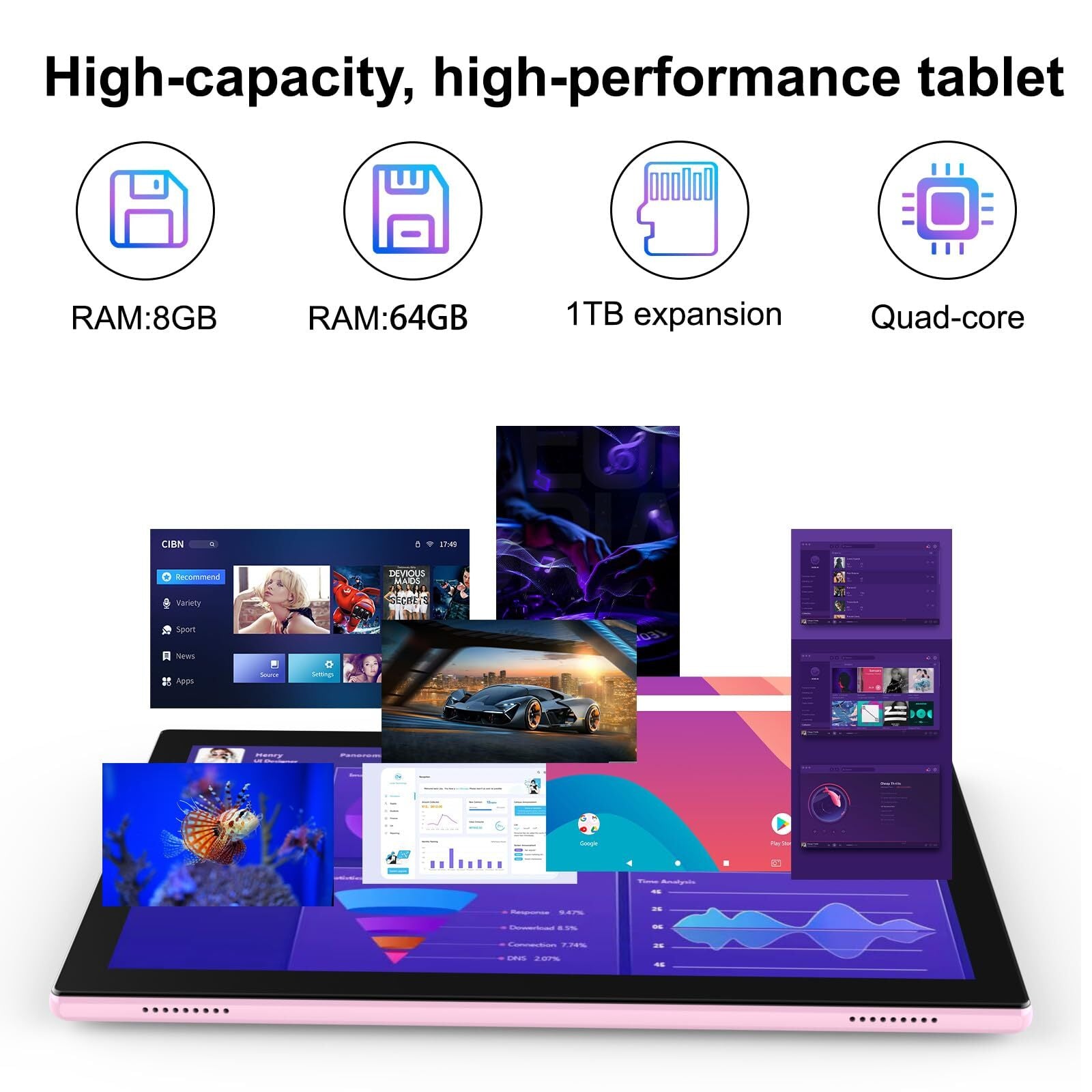 Android 14 Tablet 10 Inch, 2024 Newest 2 in 1 Tablets with Keyboard/ Mouse/ C...