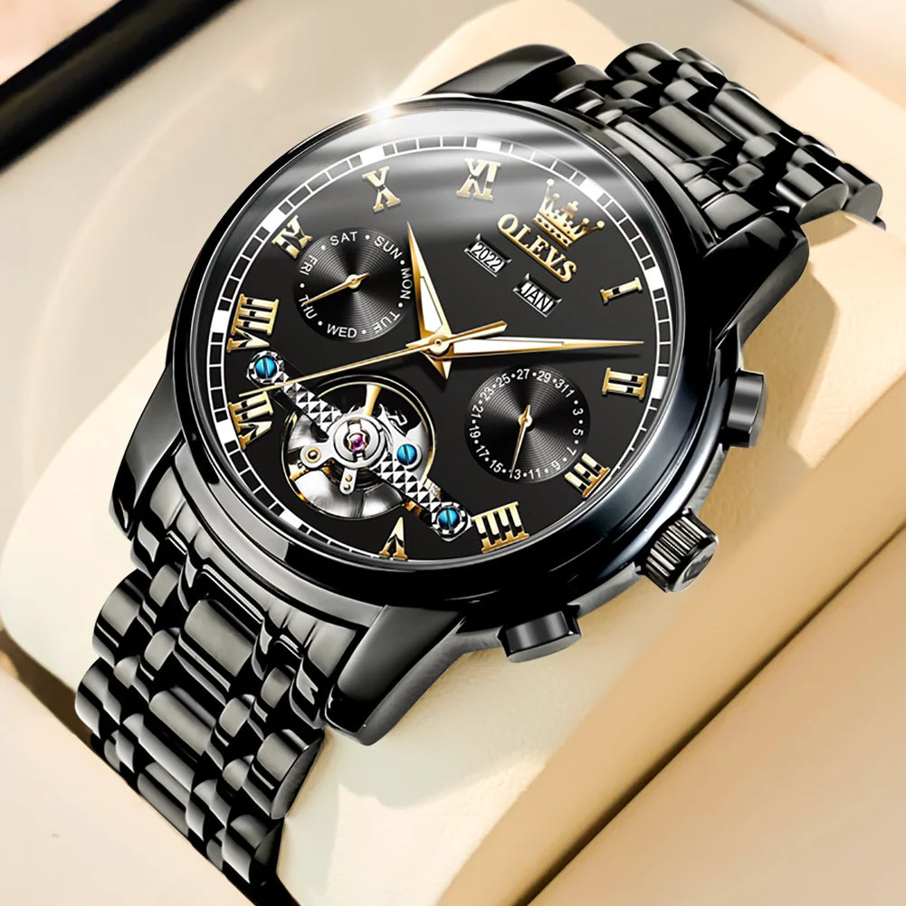 Men'S Watches Automatic Mechanical Business Wristwatch Waterproof Stainless Steel Strap Watch for Man Skeleton Calendar