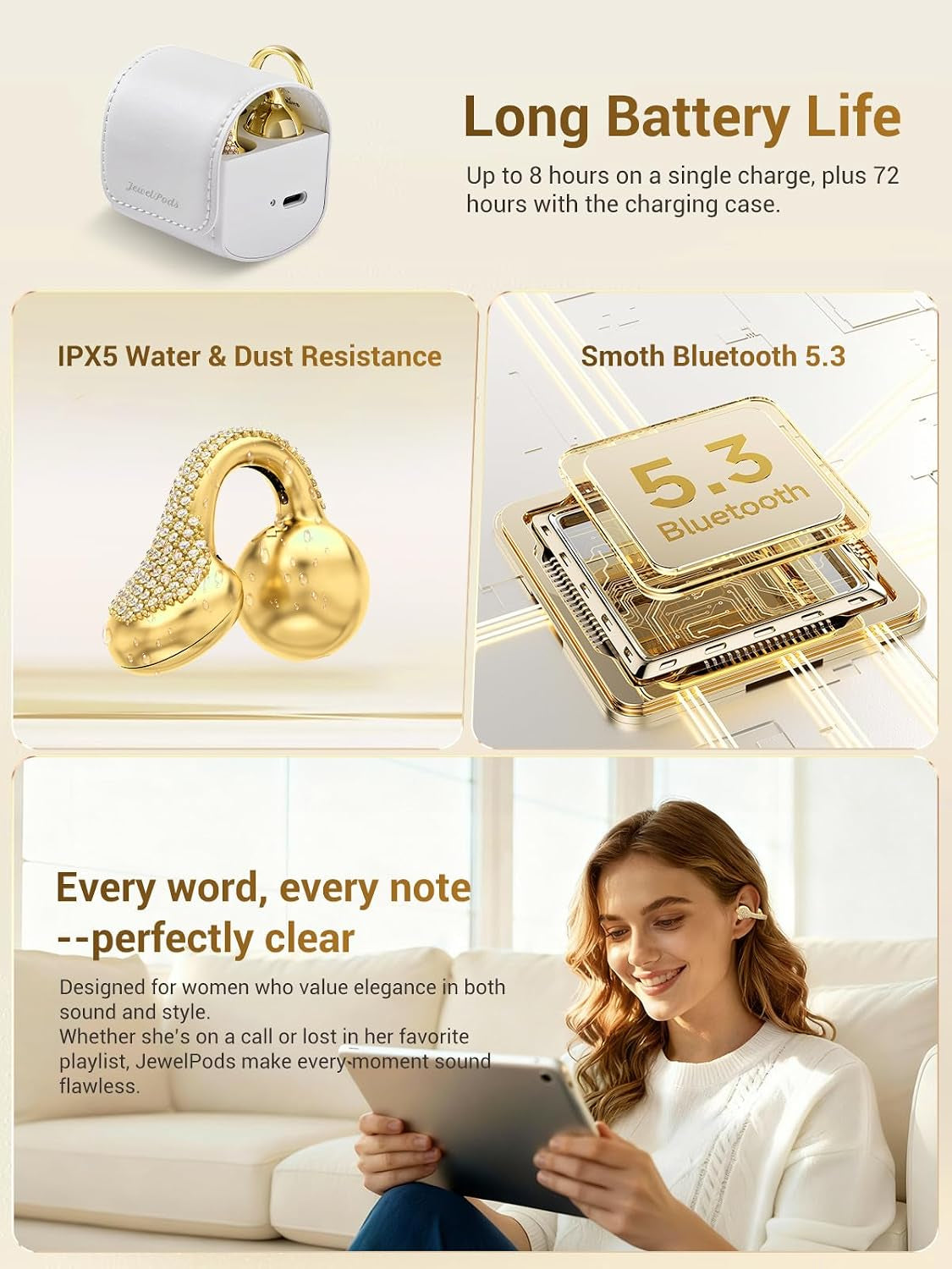 Jewelpods C01 Pro Open Ear Headphones,Luxury Jewelry Wireless Earbuds,Gold | Clip-On Wireless Bluetooth Earbuds Secure, Lightweight, Premium Audio-Water Resistant-Up to 72 Hrs Play,Gift for Her