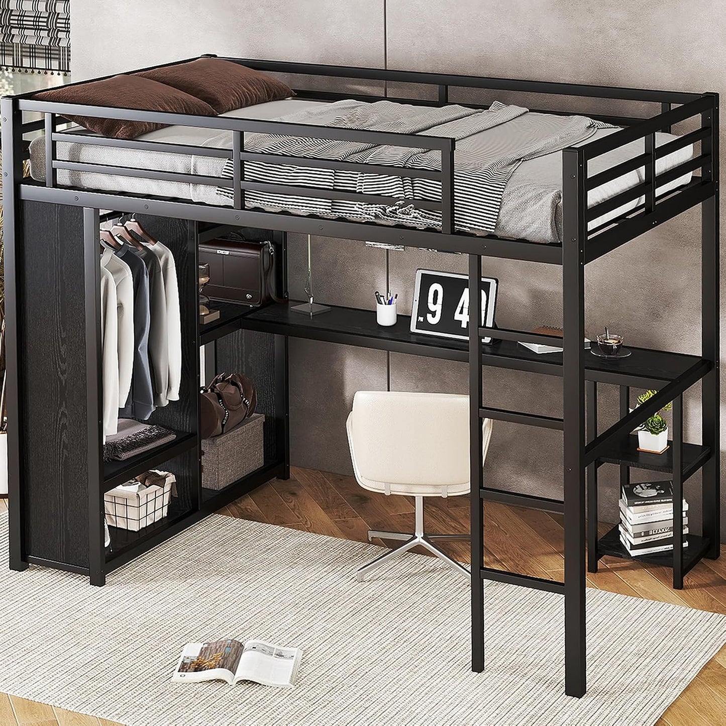 Full Size Loft Bed with Desk and Storage Shelves, Full Size Loft Bed with Wardrobe, Hanging Rod, Guardrail and Ladder, Balck