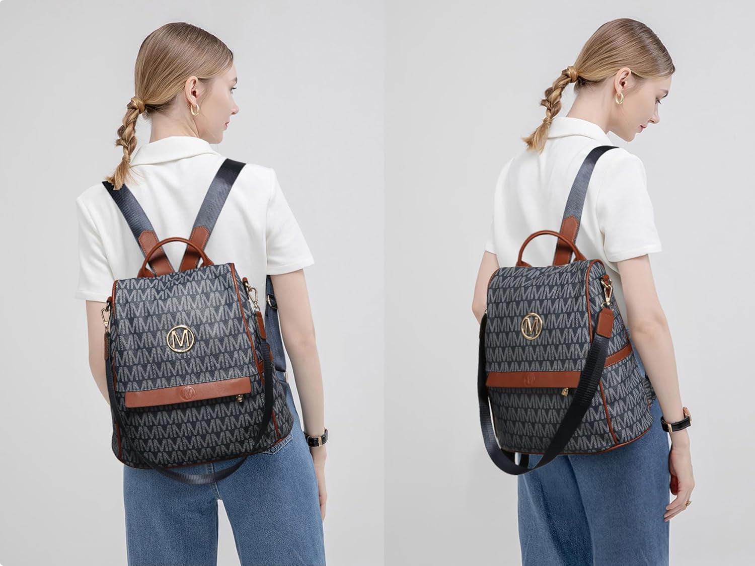 MKP Women Fashion Backpack Purse Multi Pockets Signature Anti-Theft Rucksack Travel Ladies Shoulder Bag Handbag 2Pcs