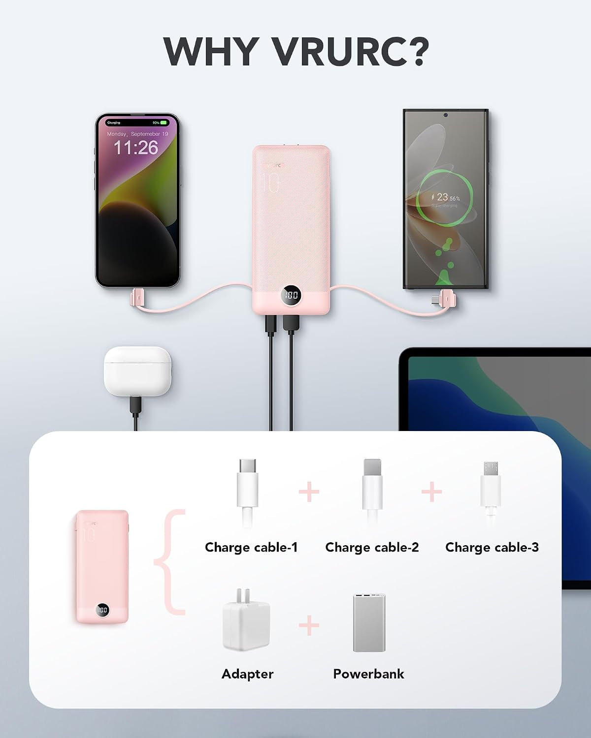 Portable Charger, Power Bank Built-In Cables and AC Wall Plug