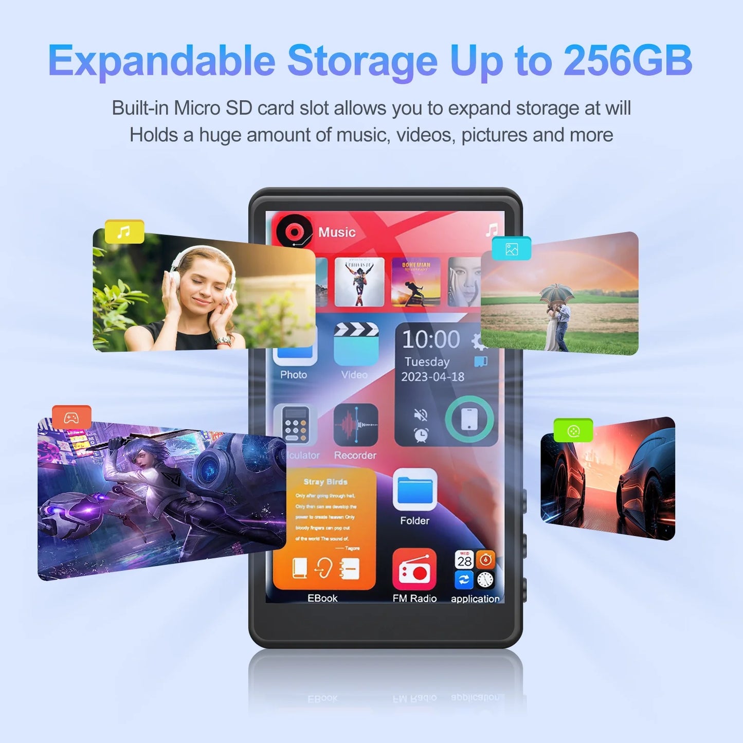 144GB Mp3 Player with Bluetooth, 4.0 Inch Full Touchscreen Mp4 Player, Voice Recorder, Portable Hifi Sound Mp3 Music Player with Earphones, Built-In HD Speaker, Black