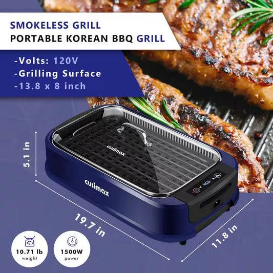 267Sq. In. Blue Smokeless Electric Portable Indoor Grill with 1500-Watt Fast Heating