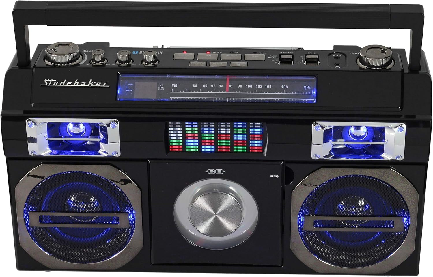 SB2145B 80'S Retro Street Bluetooth Boombox with FM Radio, CD Player, LED EQ, 10 Watts RMS Power and AC/DC