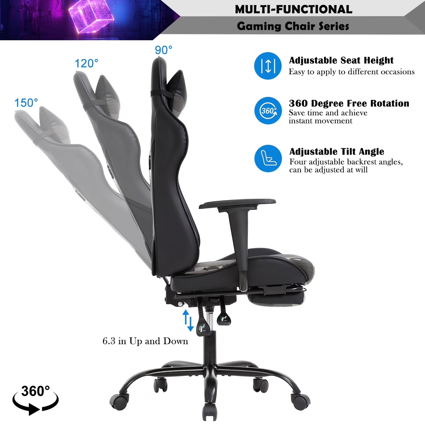 Gaming Chair Racing Office Chair Ergonomic Desk Chair Massage PU Leather Recliner PC Computer Chair with Lumbar Support Headrest Armrest Footrest Rolling Swivel Task Chair for Adults, Camo