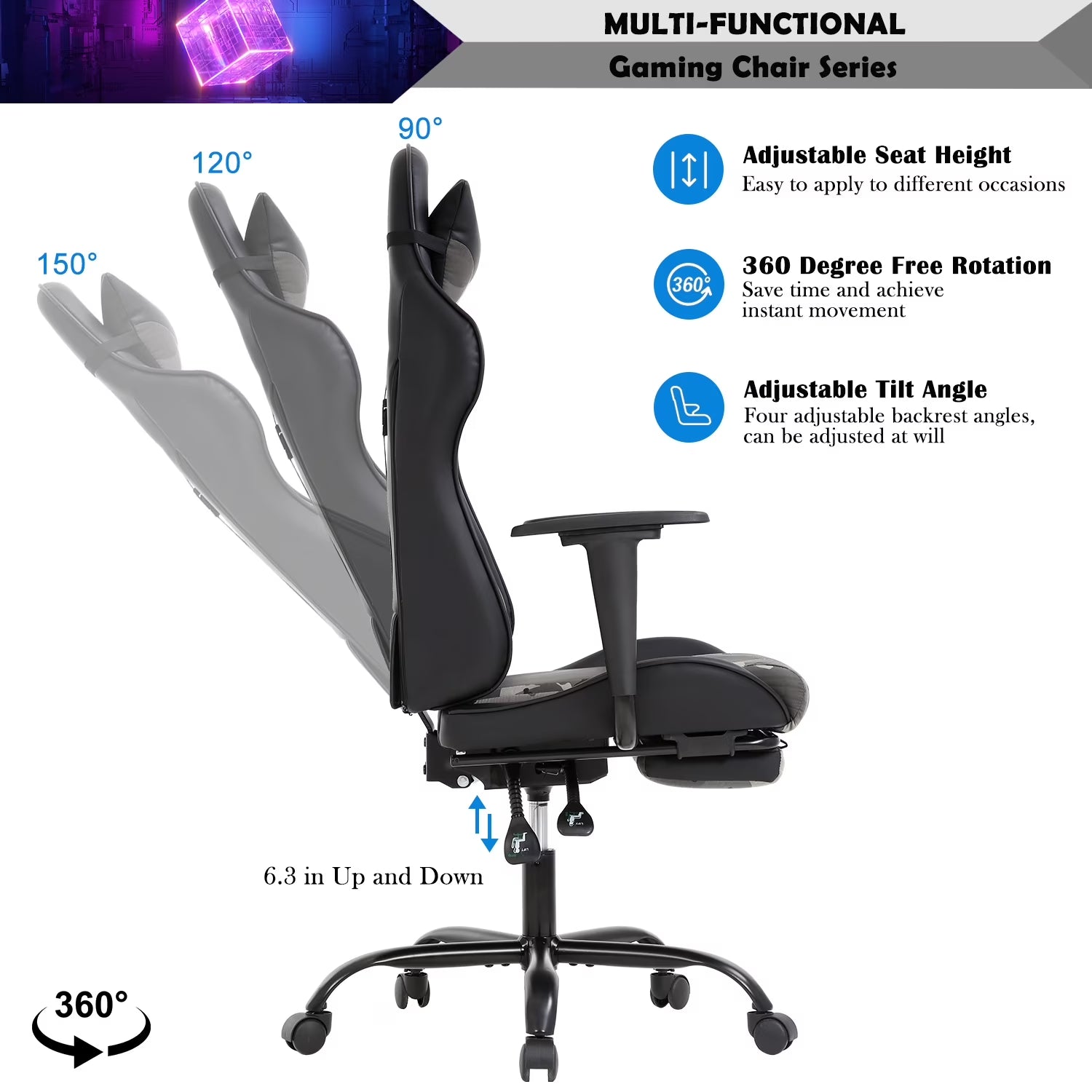 Gaming Chair Racing Office Chair Ergonomic Desk Chair Massage PU Leather Recliner PC Computer Chair with Lumbar Support Headrest Armrest Footrest Rolling Swivel Task Chair for Adults, Camo