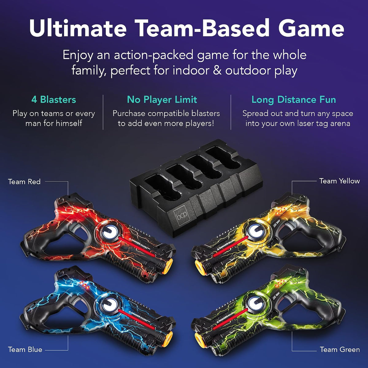 Set of 4 Laser Tag Blasters, Rechargeable Infrared Lazer Tag Set & Docking Station, No Vests Needed - Red/Yellow/Blue/Green
