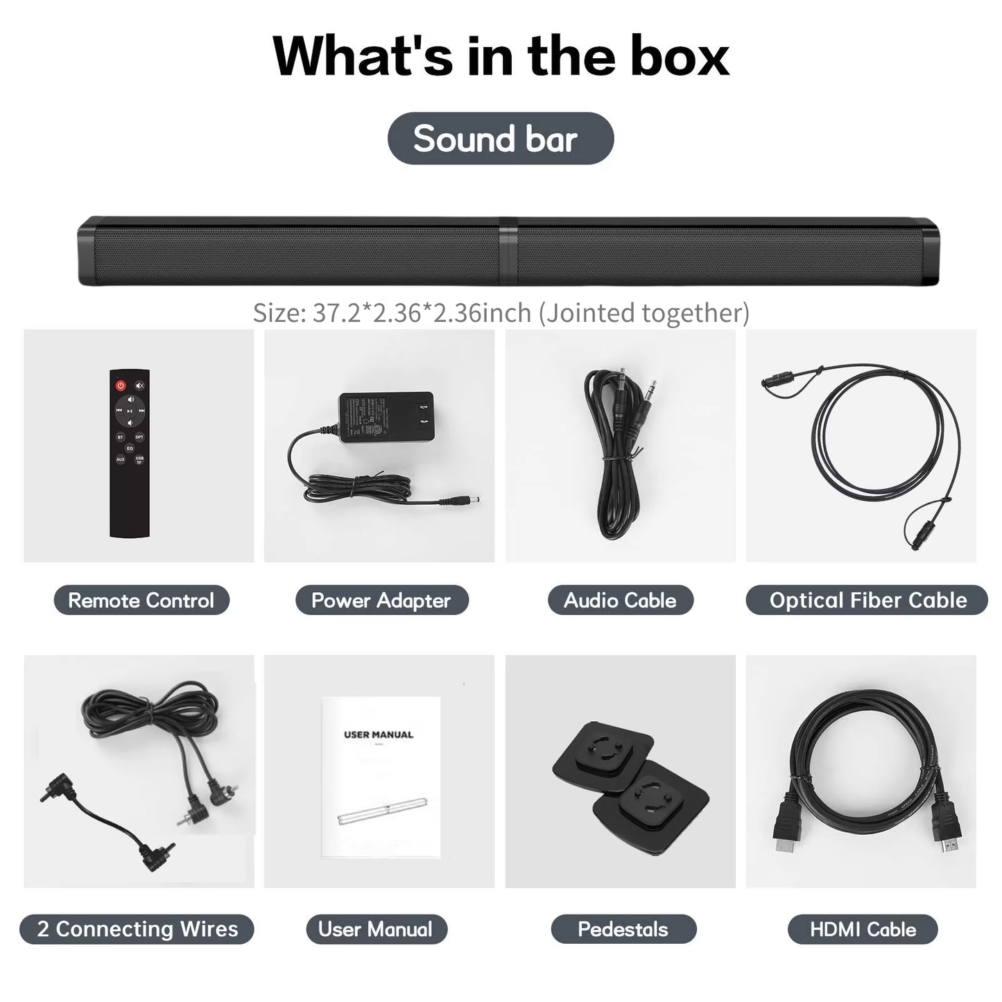 2 in 1 Separable Sound Bars for TV, Bluetooth 5.0 Surround Sound System for TV Wireless Connect, 37 Inch Soundbar for Home Theater, Arc/Optical/Usb Cables & Remote TV Speakers, Wall Mountable