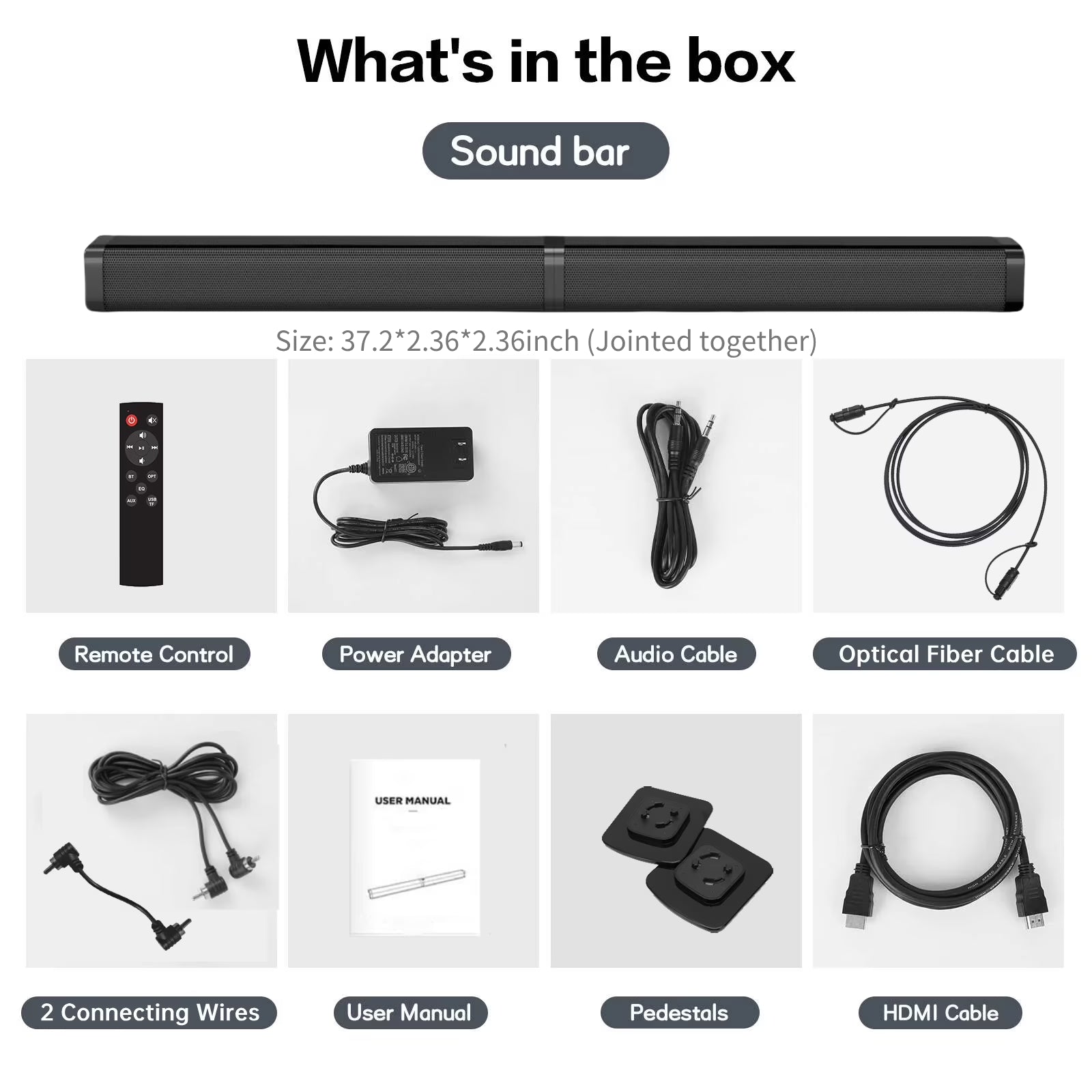 2 in 1 Separable Sound Bars for TV, Bluetooth 5.0 Surround Sound System for TV Wireless Connect, 37 Inch Soundbar for Home Theater, Arc/Optical/Usb Cables & Remote TV Speakers, Wall Mountable