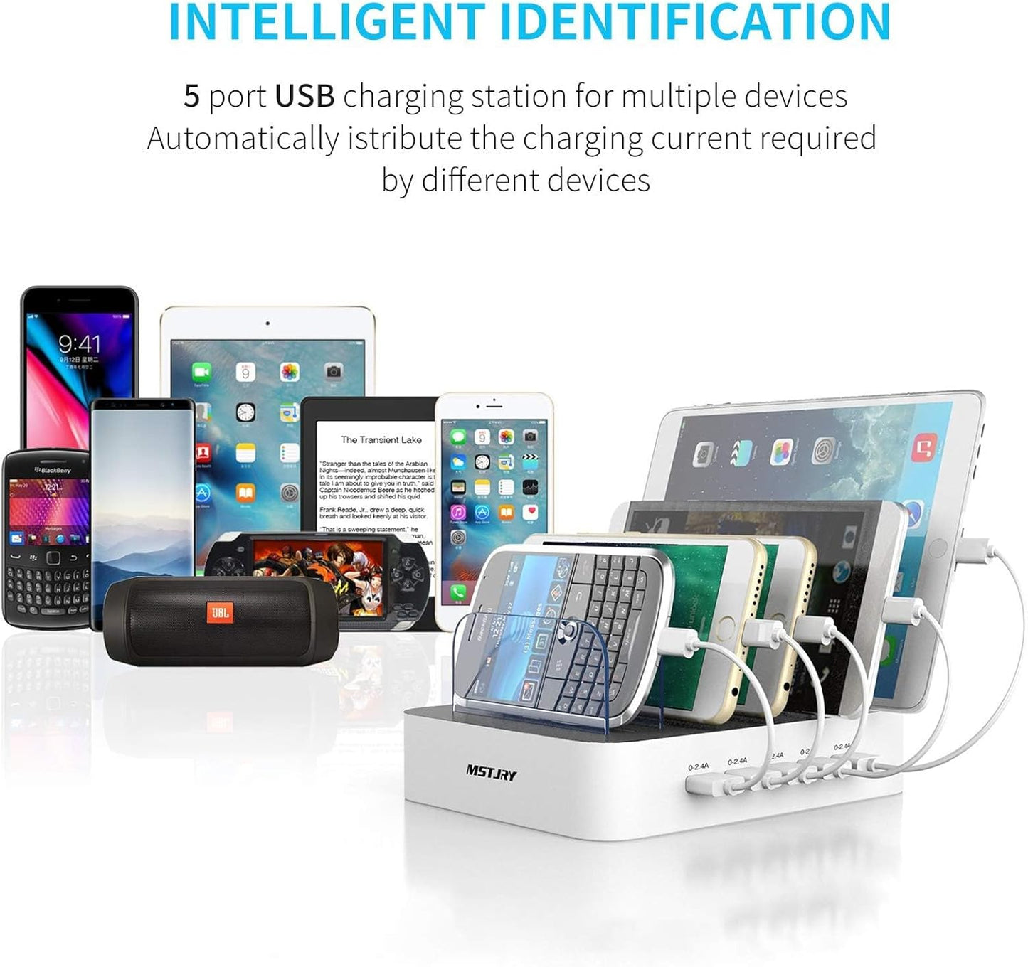 Charging Station for Multiple Devices : 5 Port Multi USB-A Charger Stations Multi-Device Organizer Charging Dock Designed for Iphone Ipad Cell Phone Tablets (7 Short Cables Included)