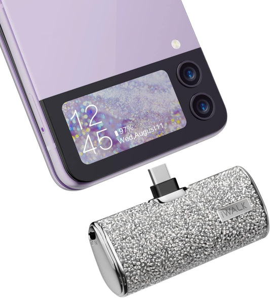 USB C Portable Charger, 4500Mah Ultra-Compact Small Power Bank, Sparkly Battery Pack Compatible with Iphone 16/15, 16 Plus, 16 Pro, 16 Pro Max, Samsung Galaxy S25, S24, S23 Ultra Z Flip5, Silver