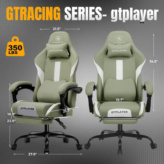 Breathable Fabric Computer Chair with Footrest and Pocket Spring Cushion Ergonomic Gaming Chair, Green