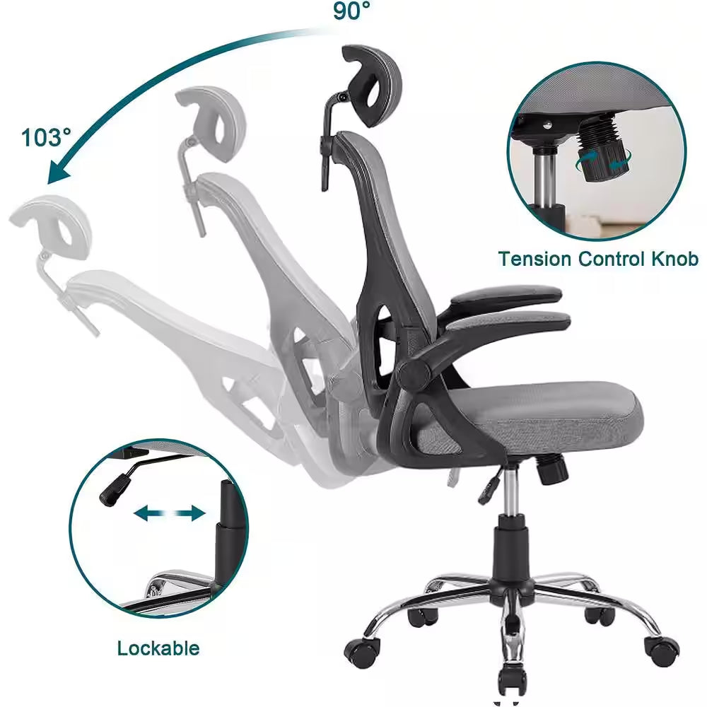 Fabric Office Chair High Back Ergonomic Adjustable Headrest Armrest Mesh Lumbar Support Task Chair in Gray with Arms