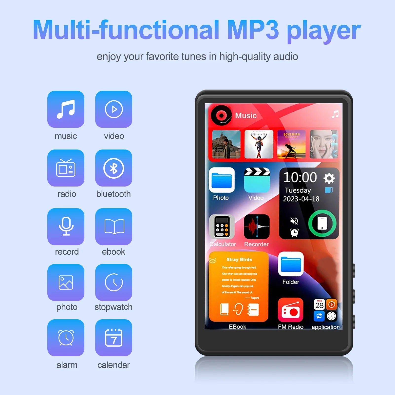 144GB Mp3 Player with Bluetooth, 4.0 Inch Full Touchscreen Mp4 Player, Voice Recorder, Portable Hifi Sound Mp3 Music Player with Earphones, Built-In HD Speaker, Black
