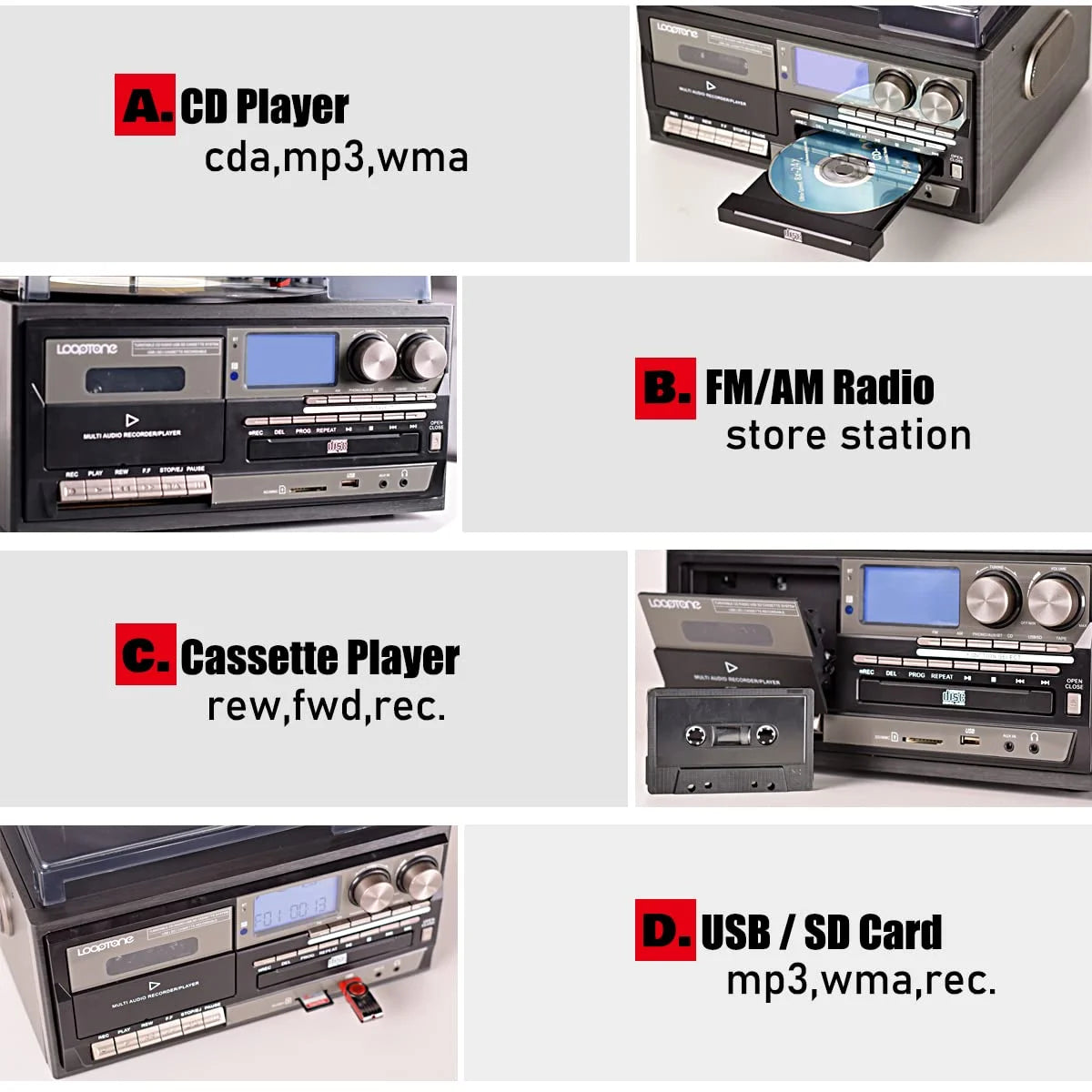 Vinyl Record Player Turntable with Bluetooth, CD, Tape, Radio, USB Recorder, Stereo Home System