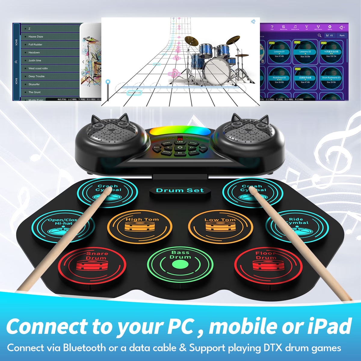 Electronic Drum Set for Kids Adults,9 Pads Portable MIDI Roll-Up Drum Kit with Dual Speakers / Headset Jack / Drumsticks / Foot Pedals,For Beginners
