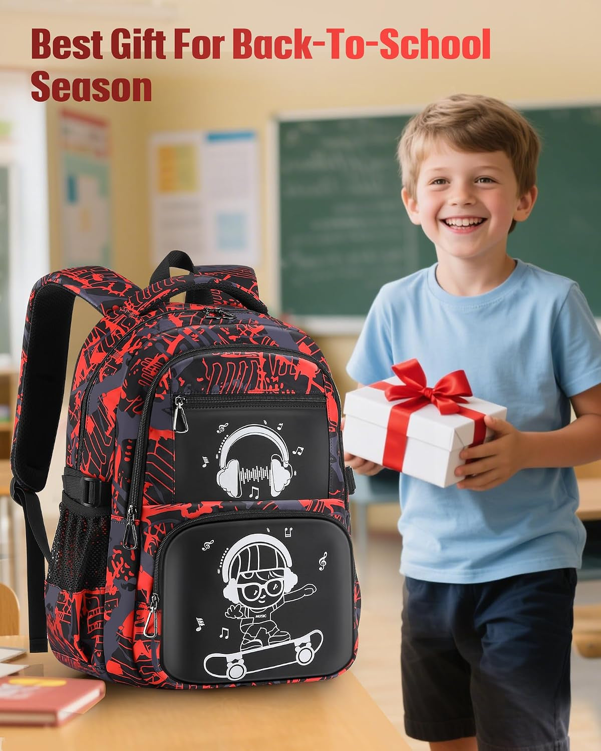 School Backpack for Boys Backpacks for Kids Camo Bookbag Teens Middle School Bags Waterproof Travel Backpack-Red